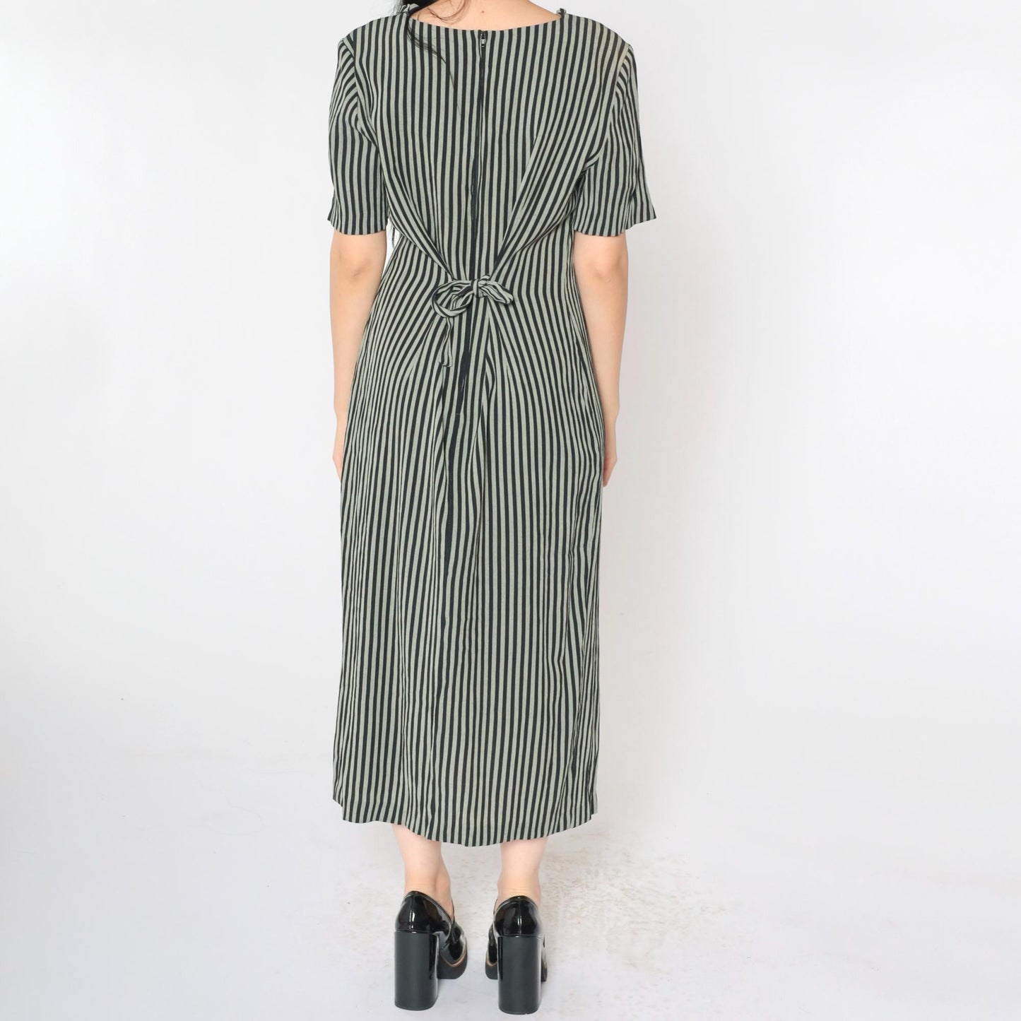 90s Kathie Lee Striped Cage Neck Midi Dress Black Grey Button Up Medium 8