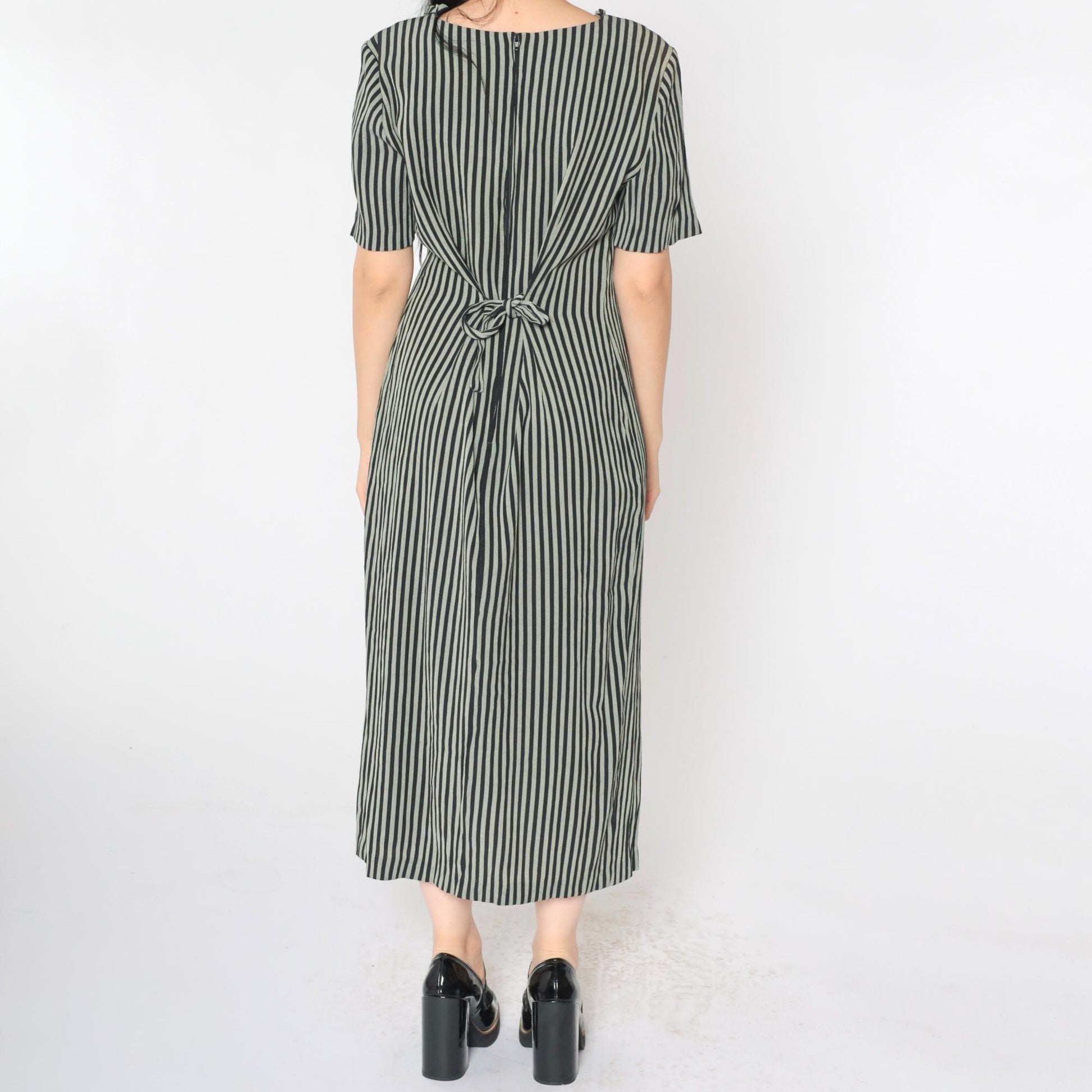 90s Kathie Lee Striped Cage Neck Midi Dress Black Grey Button Up Medium 8
