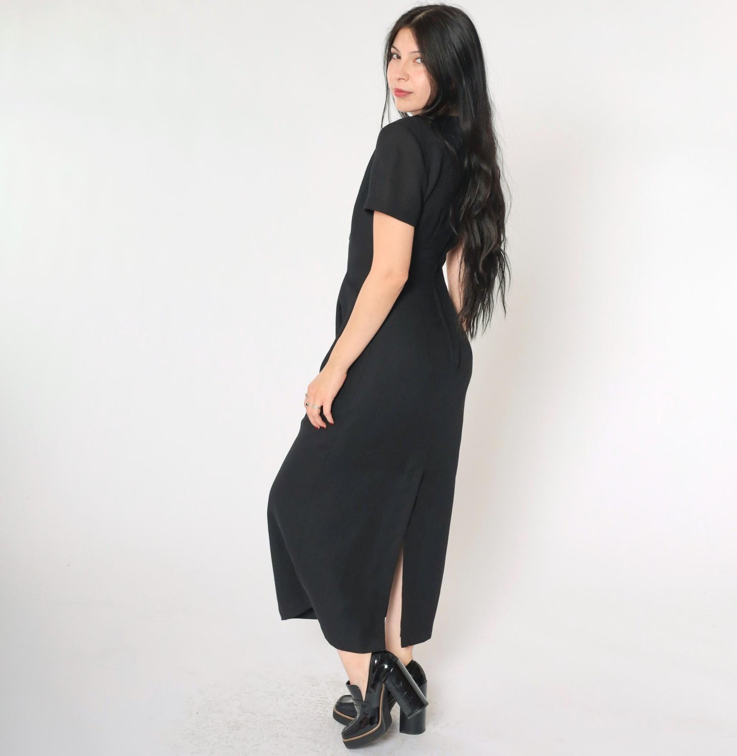 90s Black Soutache Beaded Maxi Dress Button Front Short Sleeve Medium