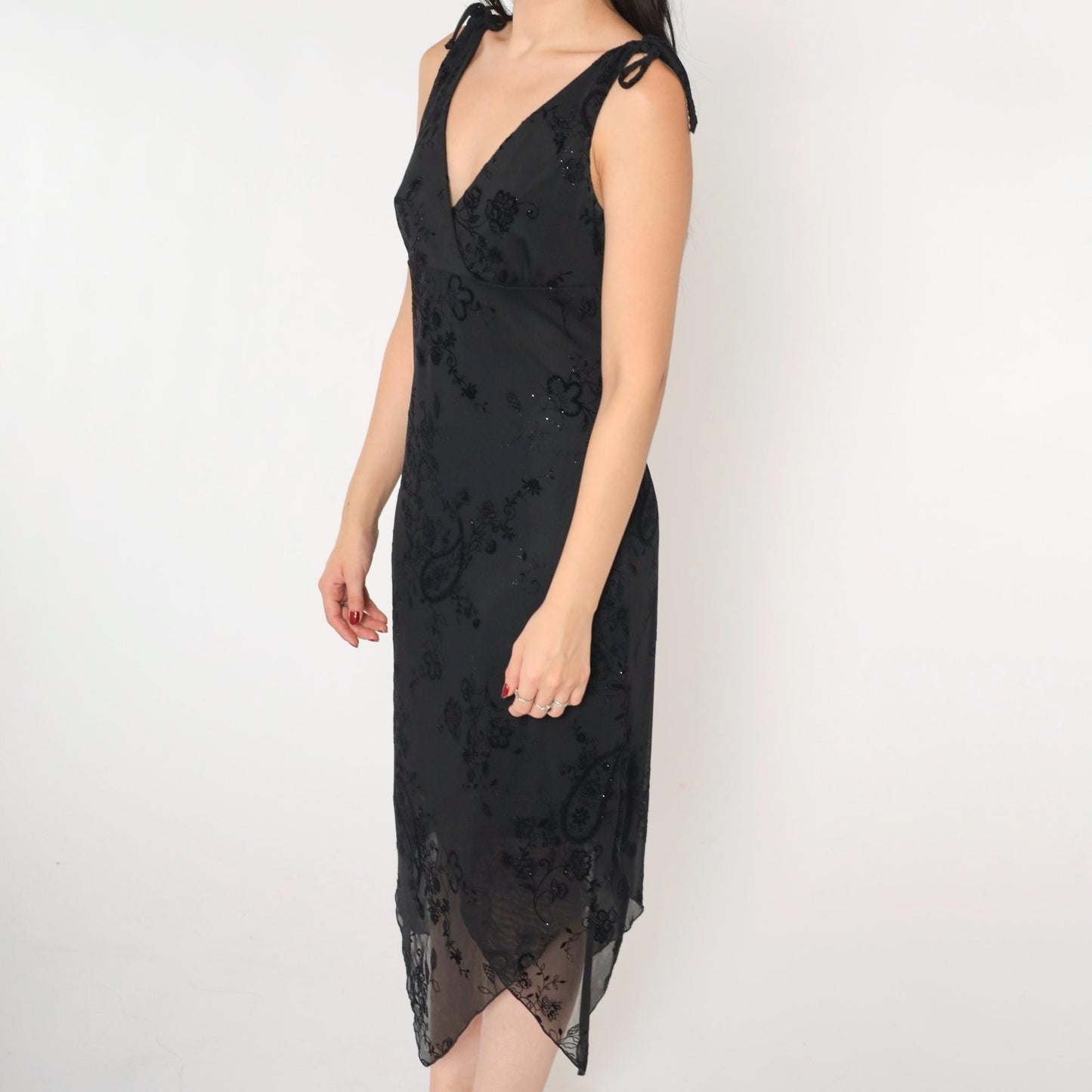 90s City Triangles Sparkly Floral Midi Dress Black Empire Waist V Neck Small