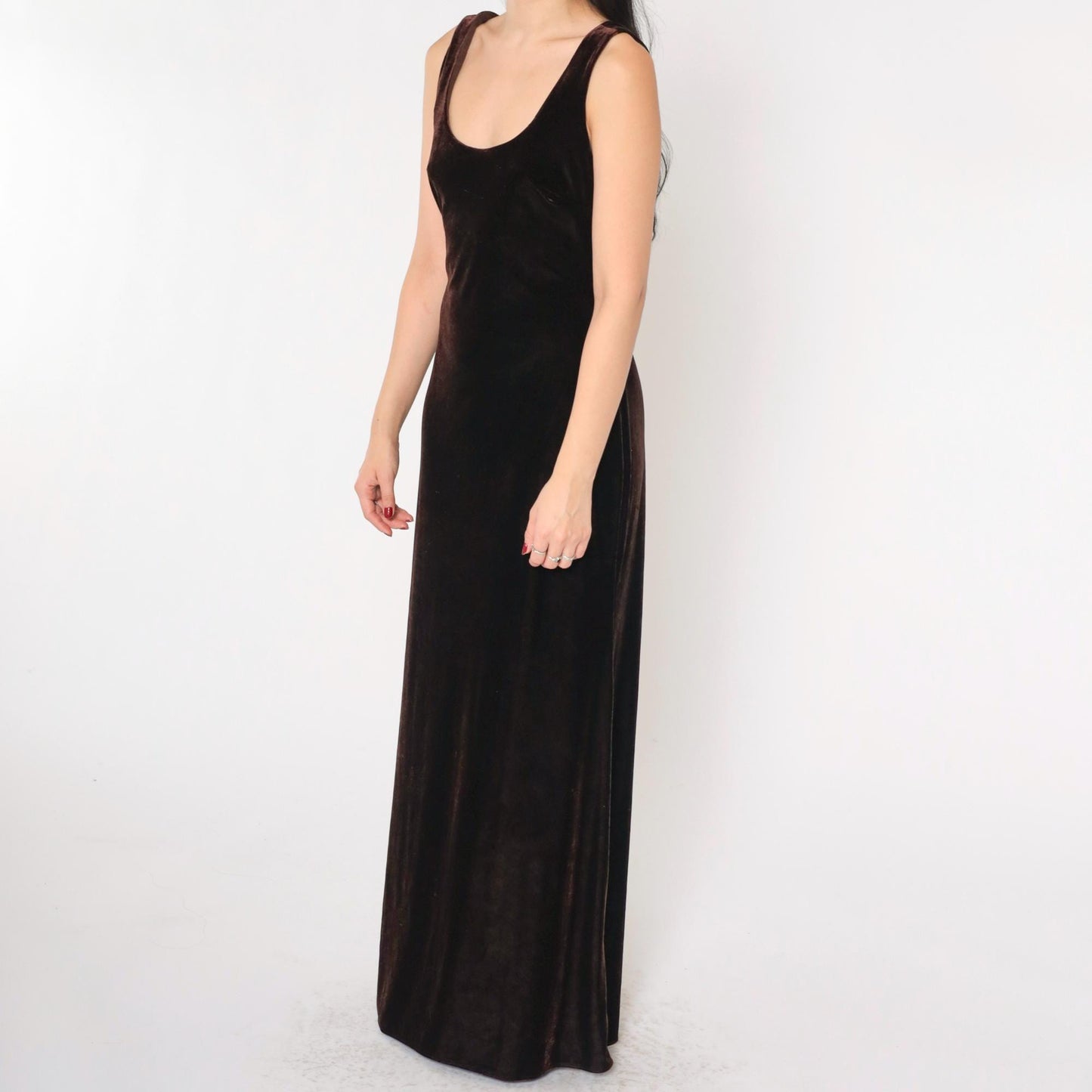 90s Niki Livas Brown Velvet Maxi Dress Keyhole Back Sleeveless Medium