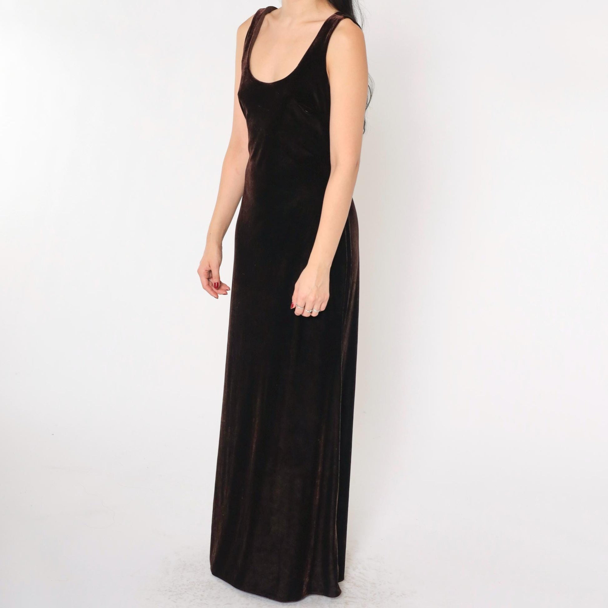 90s Niki Livas Brown Velvet Maxi Dress Keyhole Back Sleeveless Medium