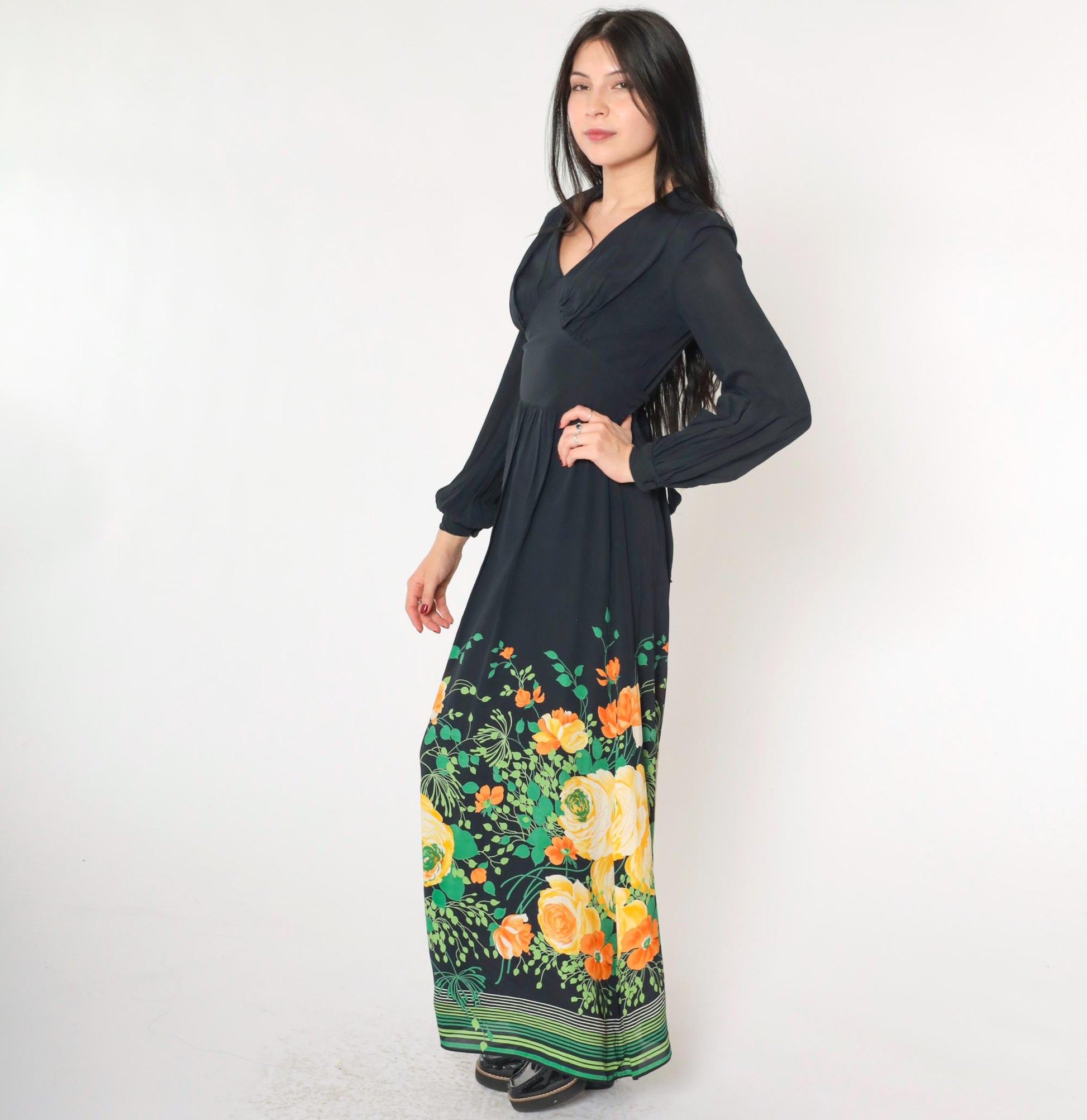 70s Vera Mont Paris Black Floral Maxi Dress V-Neck High Waist Small