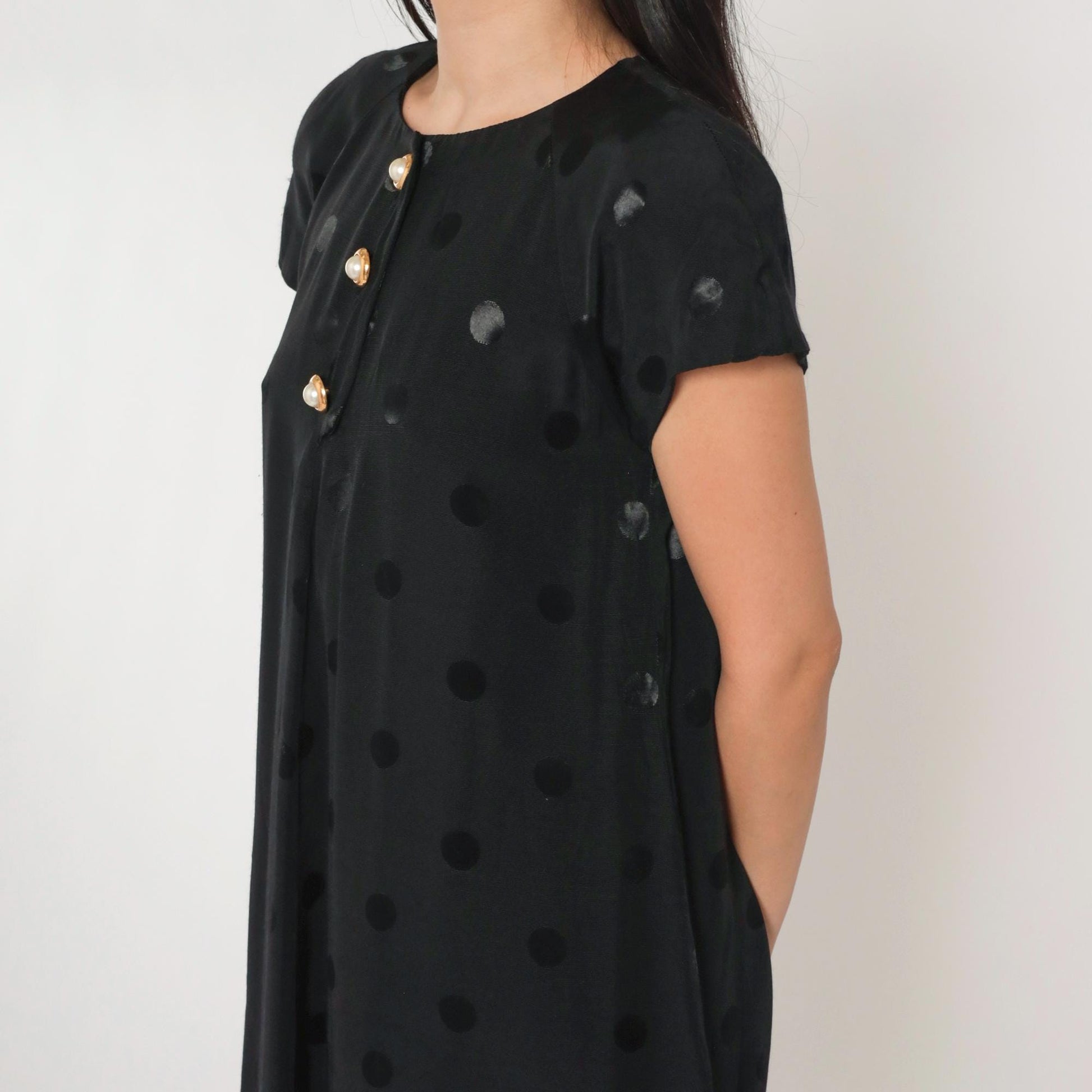 90s Black Mini Dress Embossed Polka Dot Pearl Buttons A-Line Small