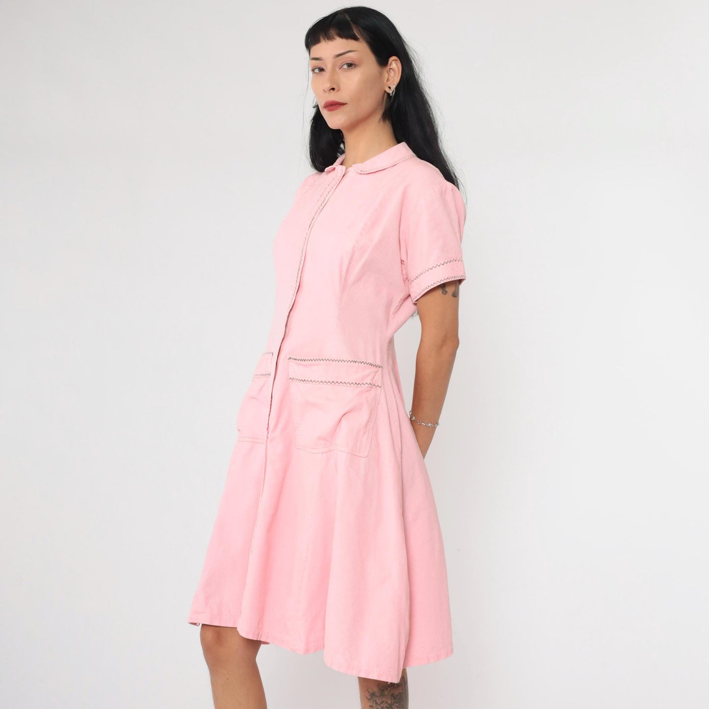 60s Pink Corduroy Mini Dress Peter Pan Collar A-Line Shift Pockets Medium