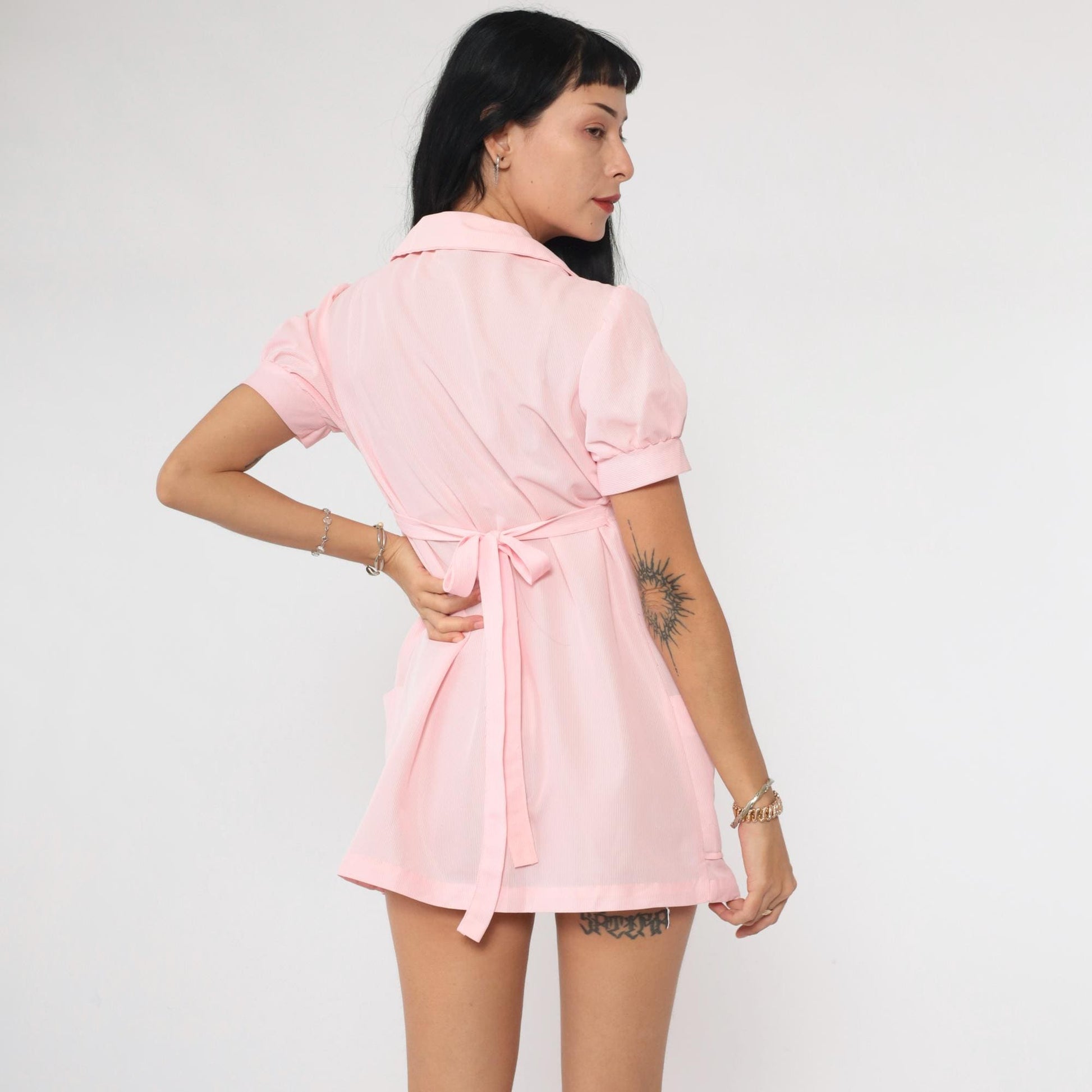 70s Baby Pink Babydoll Dress Puff Sleeve Empire Waist Micro Mini Extra Small