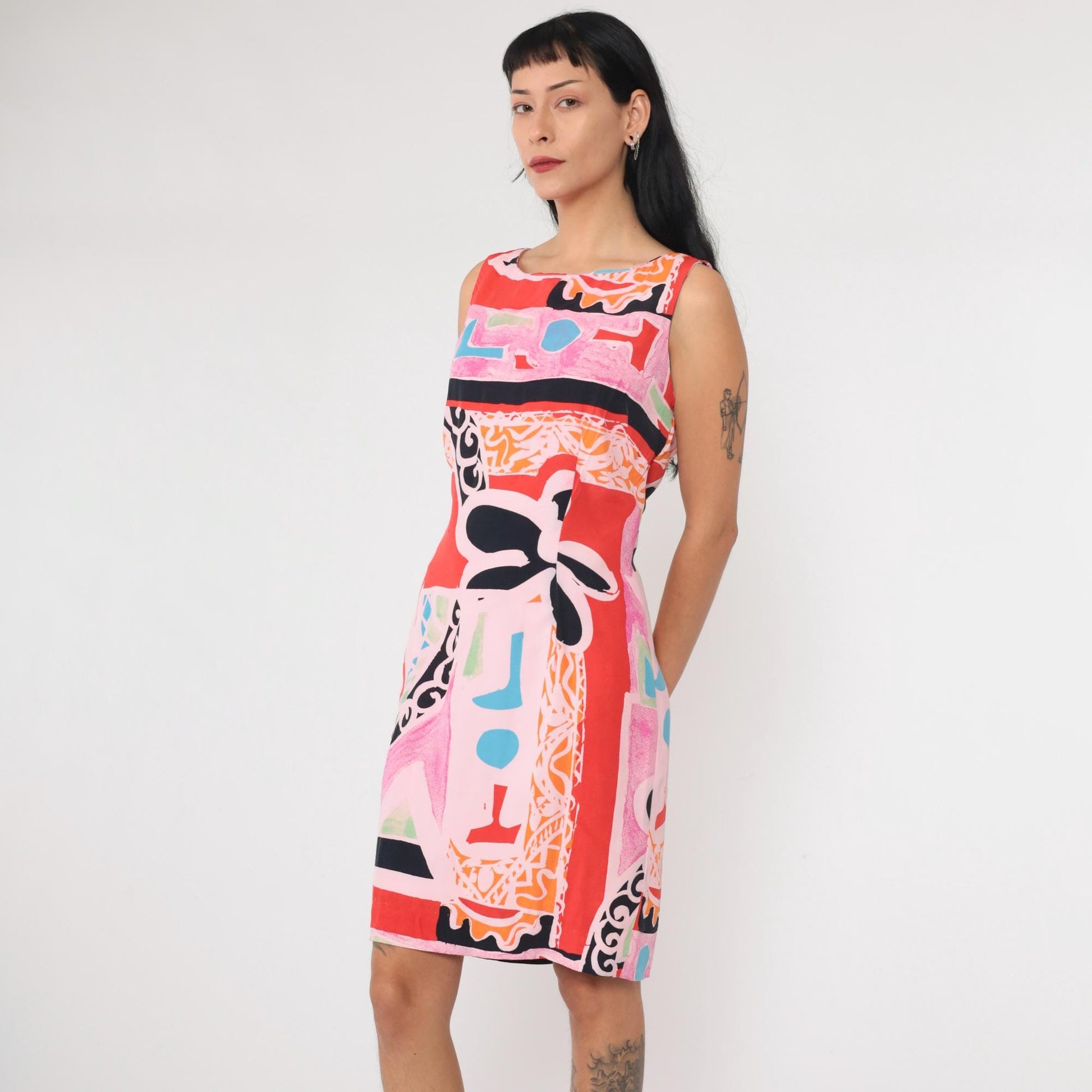 90s Ducci Pink Abstract Floral Sheath Mini Dress Sleeveless Small