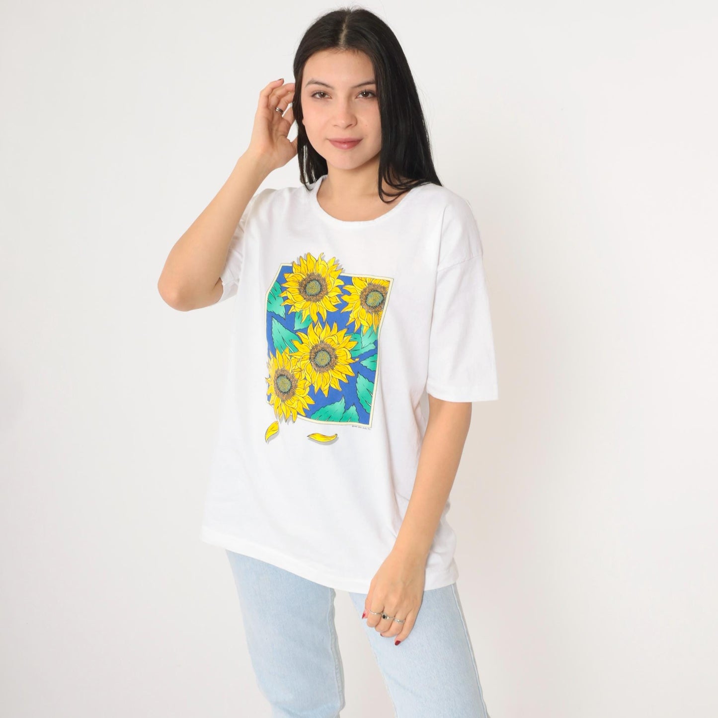 90s Anvil Sunflower Graphic T-Shirt White Cotton Large