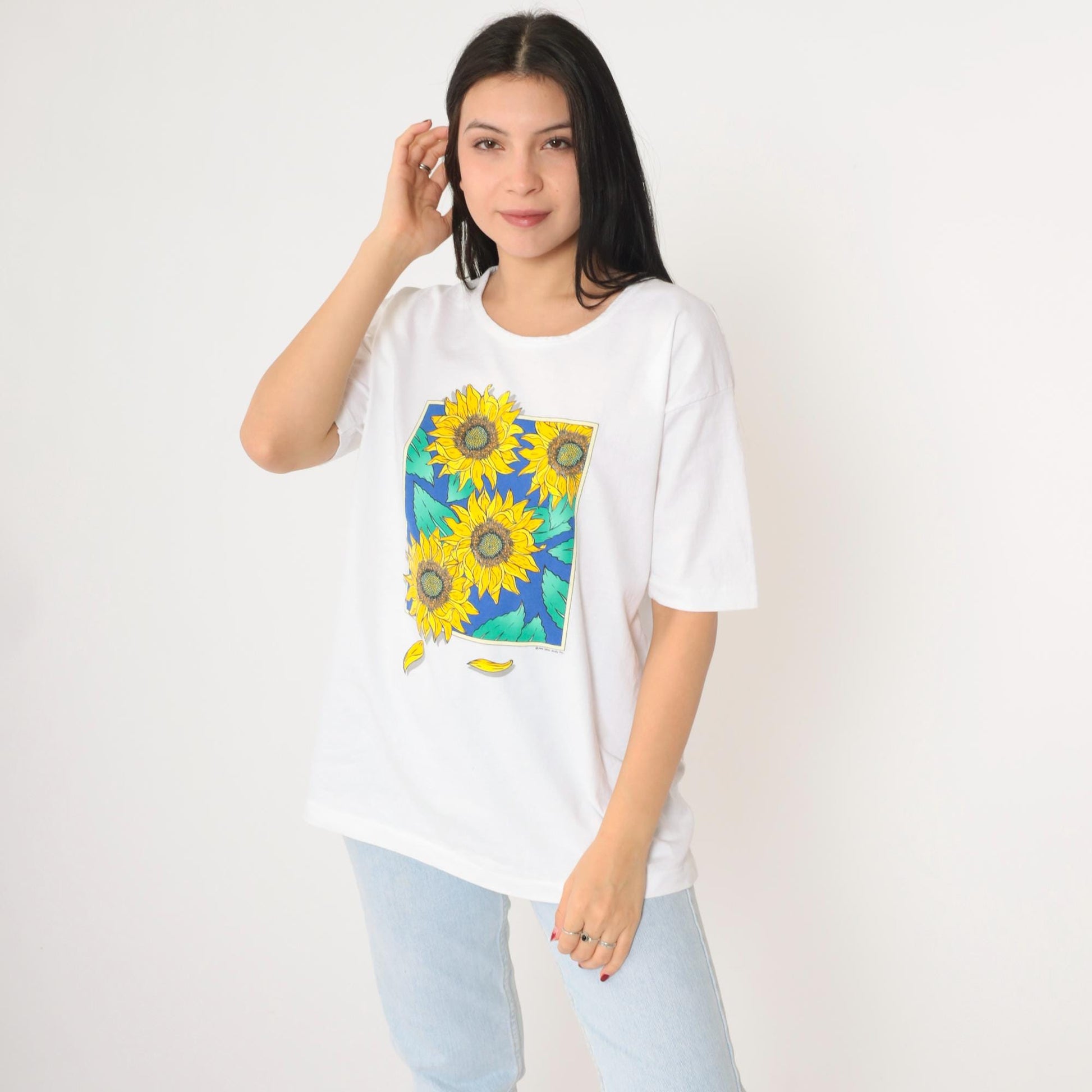 90s Anvil Sunflower Graphic T-Shirt White Cotton Large