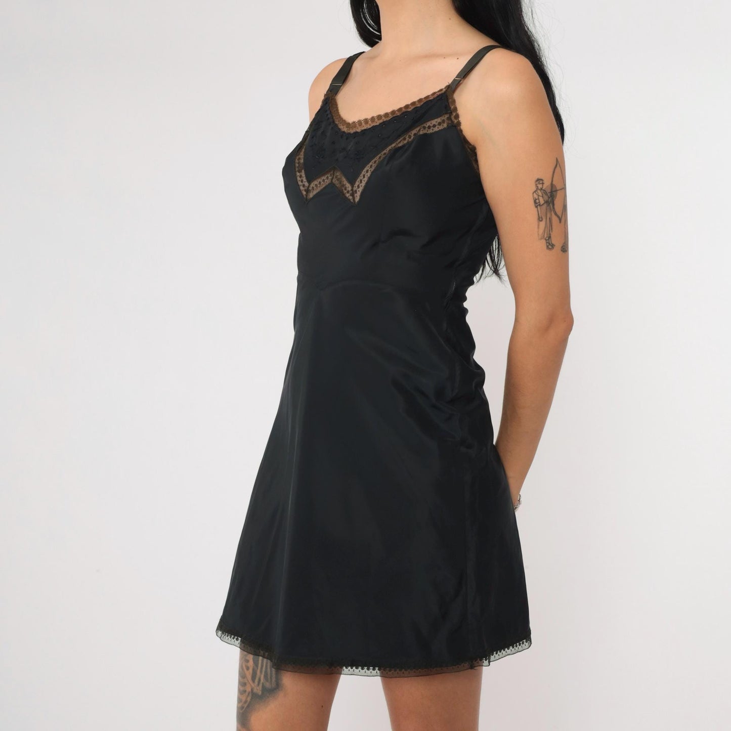 1950s Black Slip Dress Floral Embroidered Lace Trim Barbizon Extra Small
