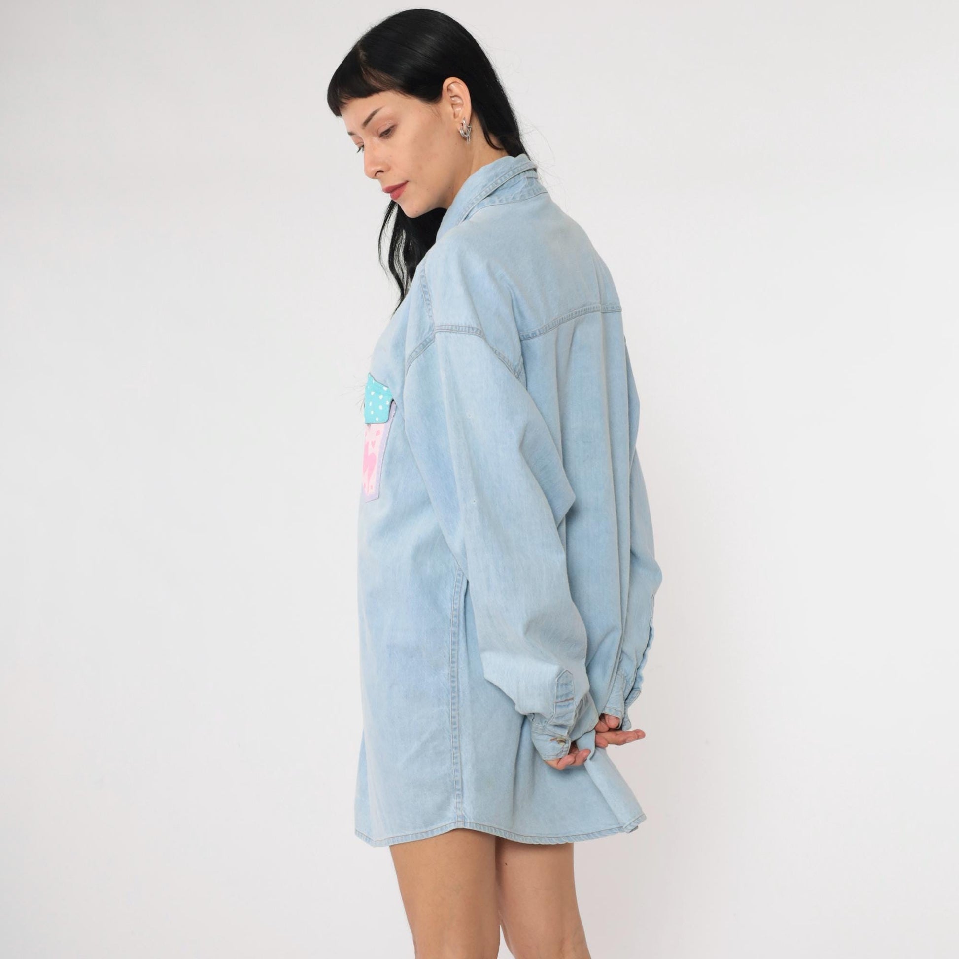 90s Hand Painted Floral Denim Button Up Shirt Blue Plus Size XXL