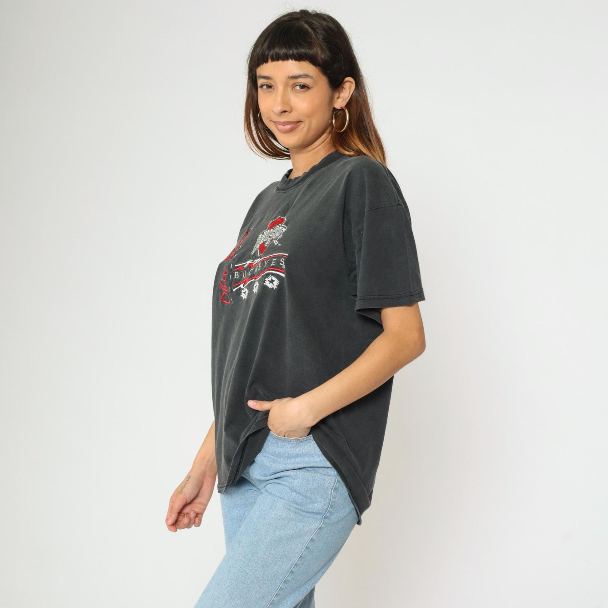 90s Ohio State Buckeyes Embroidered T-Shirt Faded Black Cotton Extra Large XL