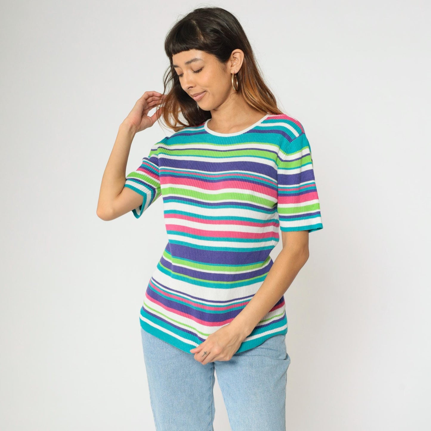 90s Worthington Striped Ribbed Knit Top Short Sleeve Pink Purple Blue Large L