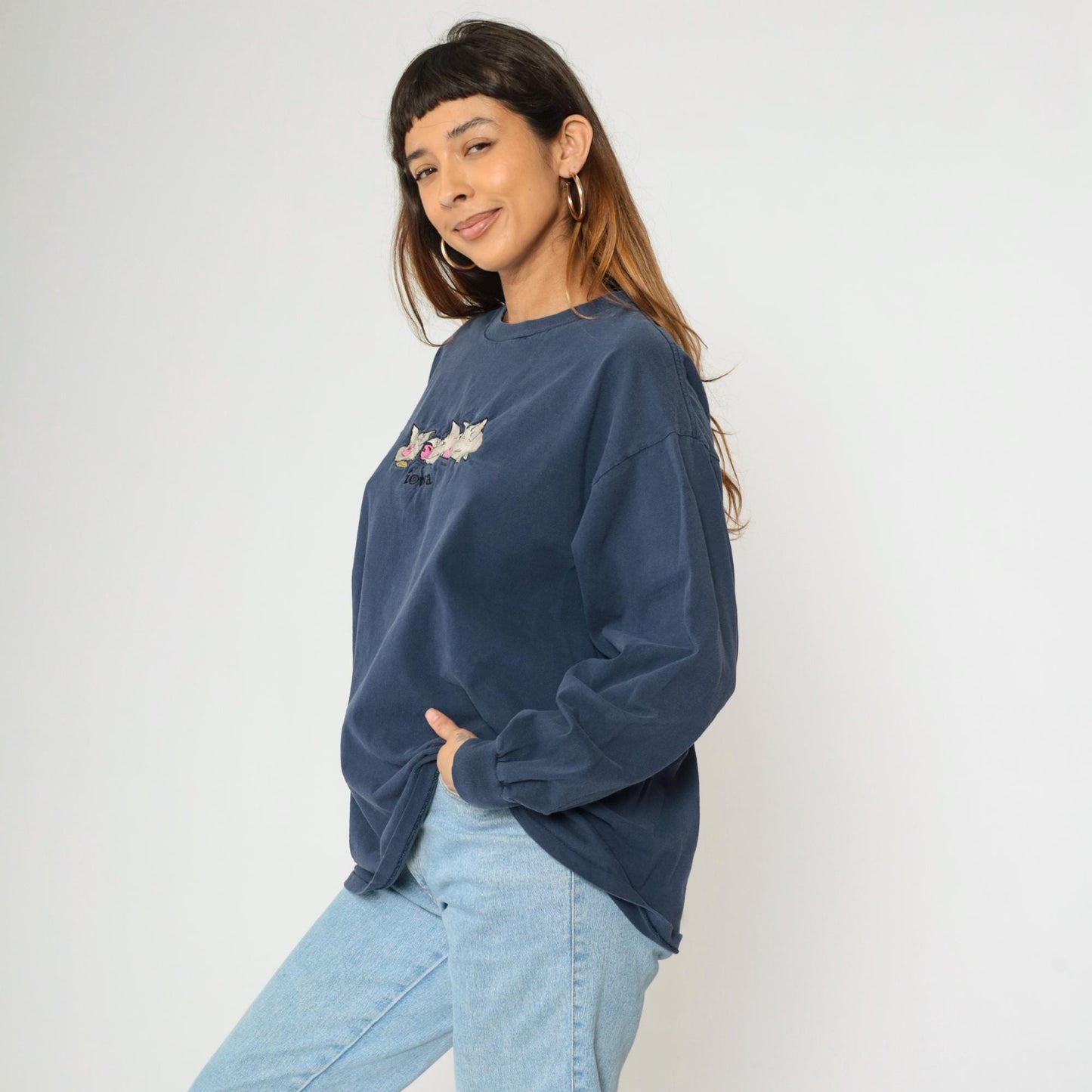 90s Iowa Pig Corn Embroidered Long Sleeve T Shirt Navy Blue Extra Large XL