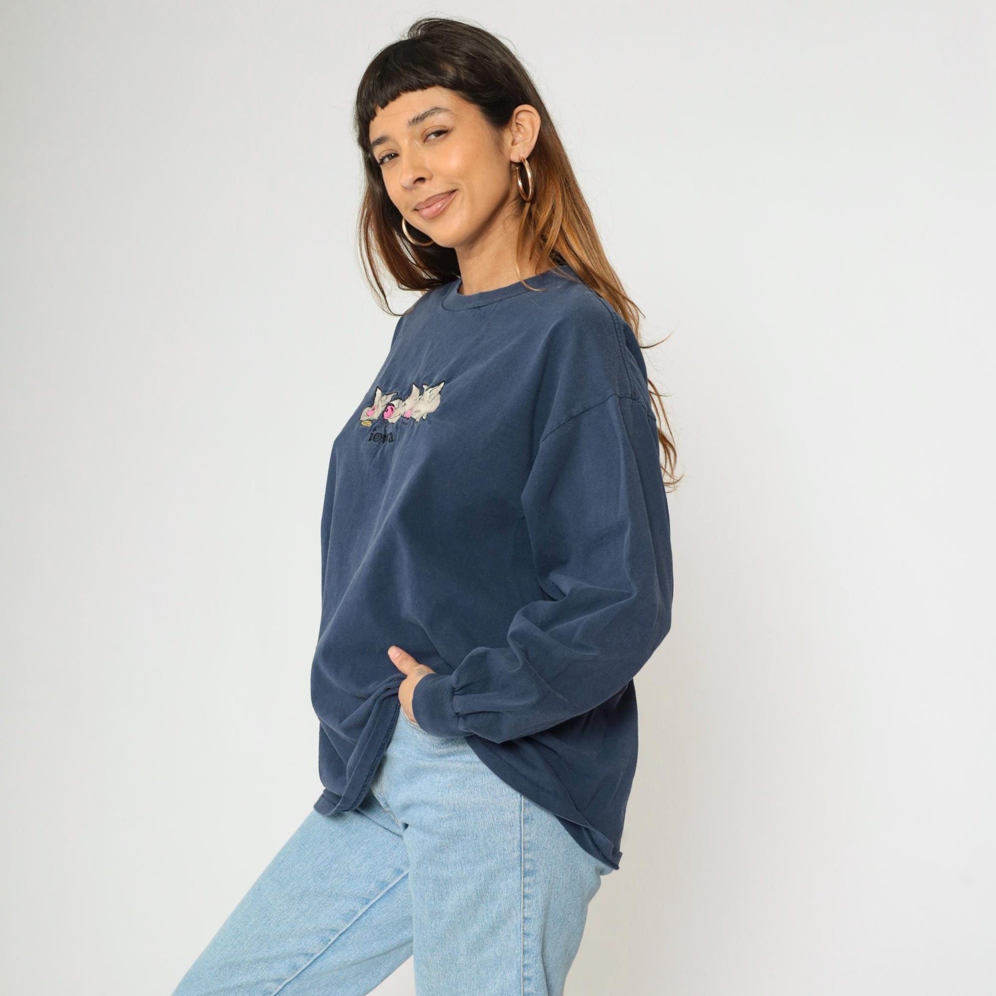 90s Iowa Pig Corn Embroidered Long Sleeve T Shirt Navy Blue Extra Large XL