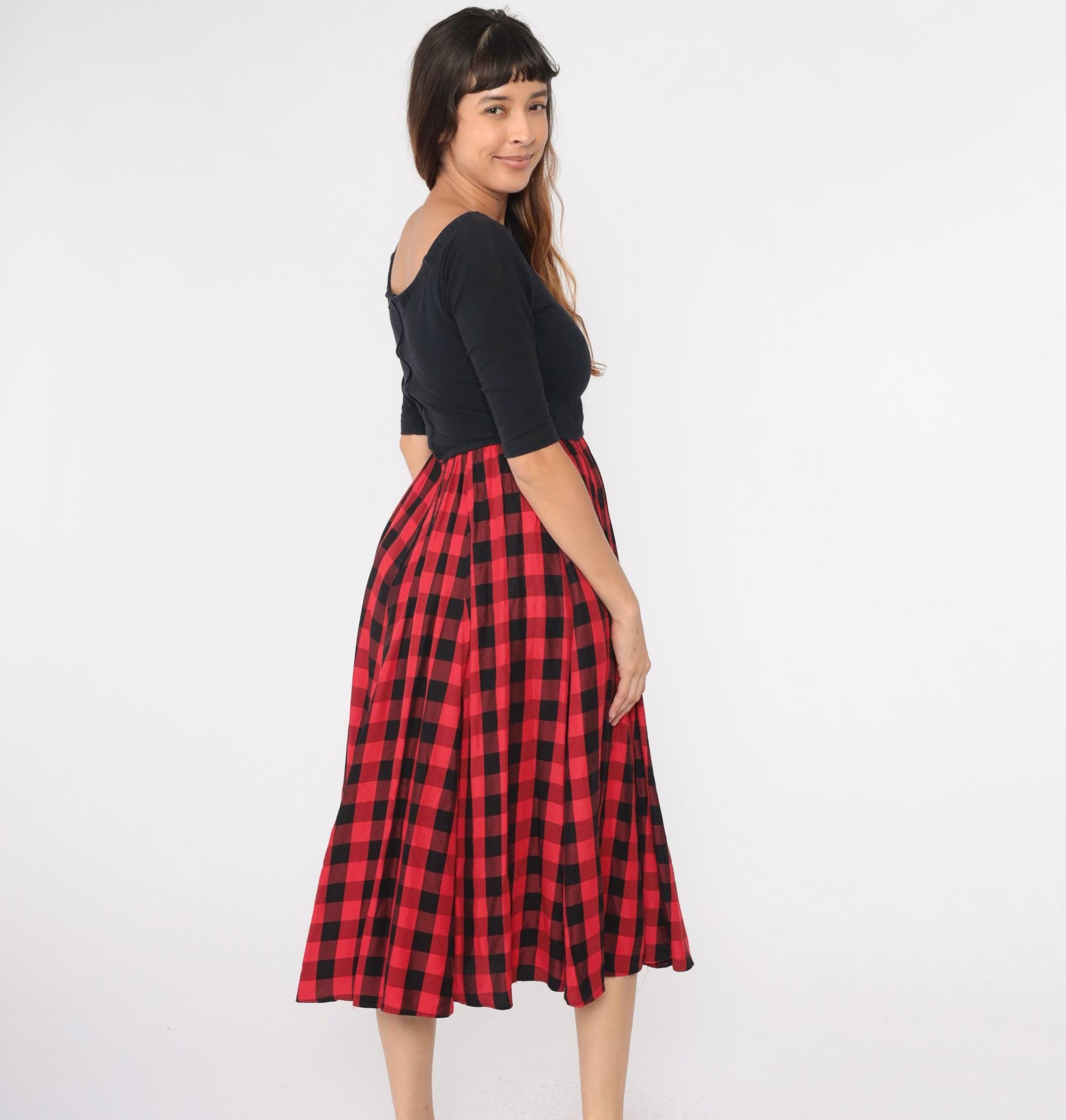 90s Buffalo Check Midi Dress Black Red High Waist Beaded Detail Medium