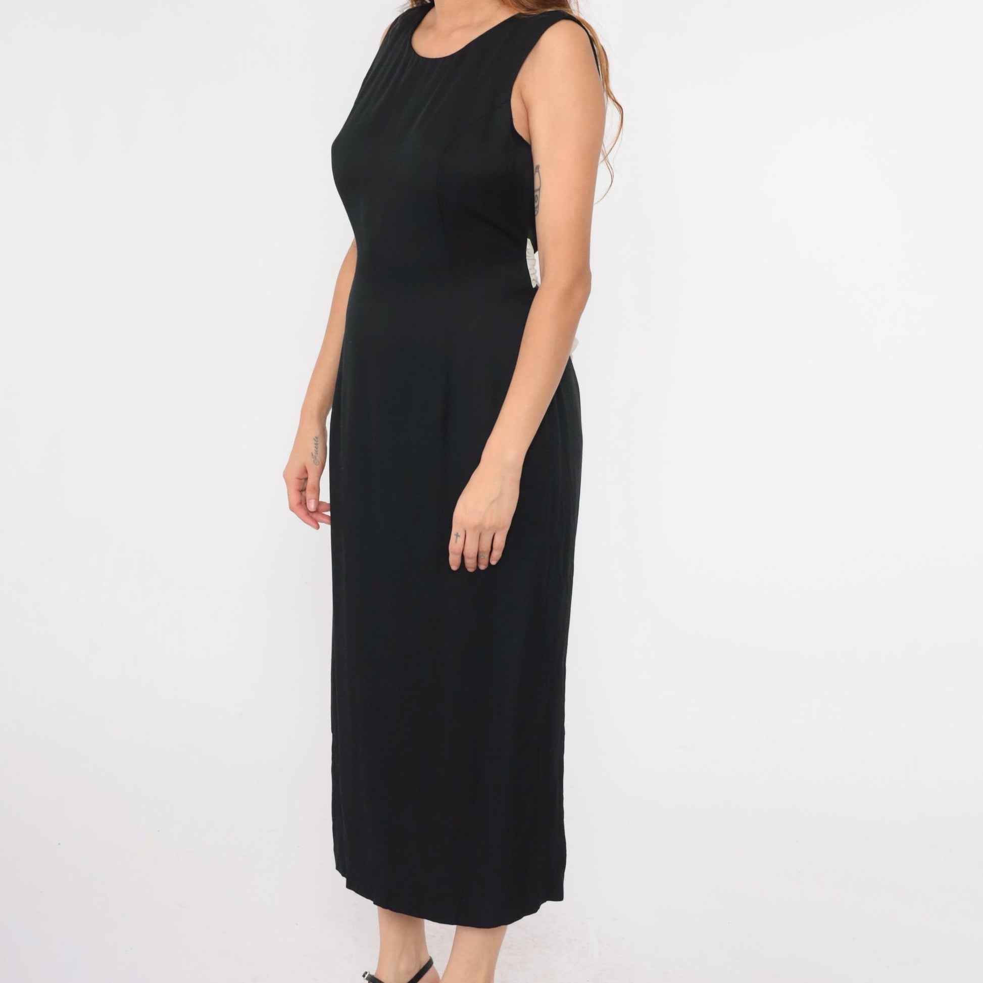 90s Black Sheath Dress White Bow Back Sleeveless Scoop Neck Maxi Medium