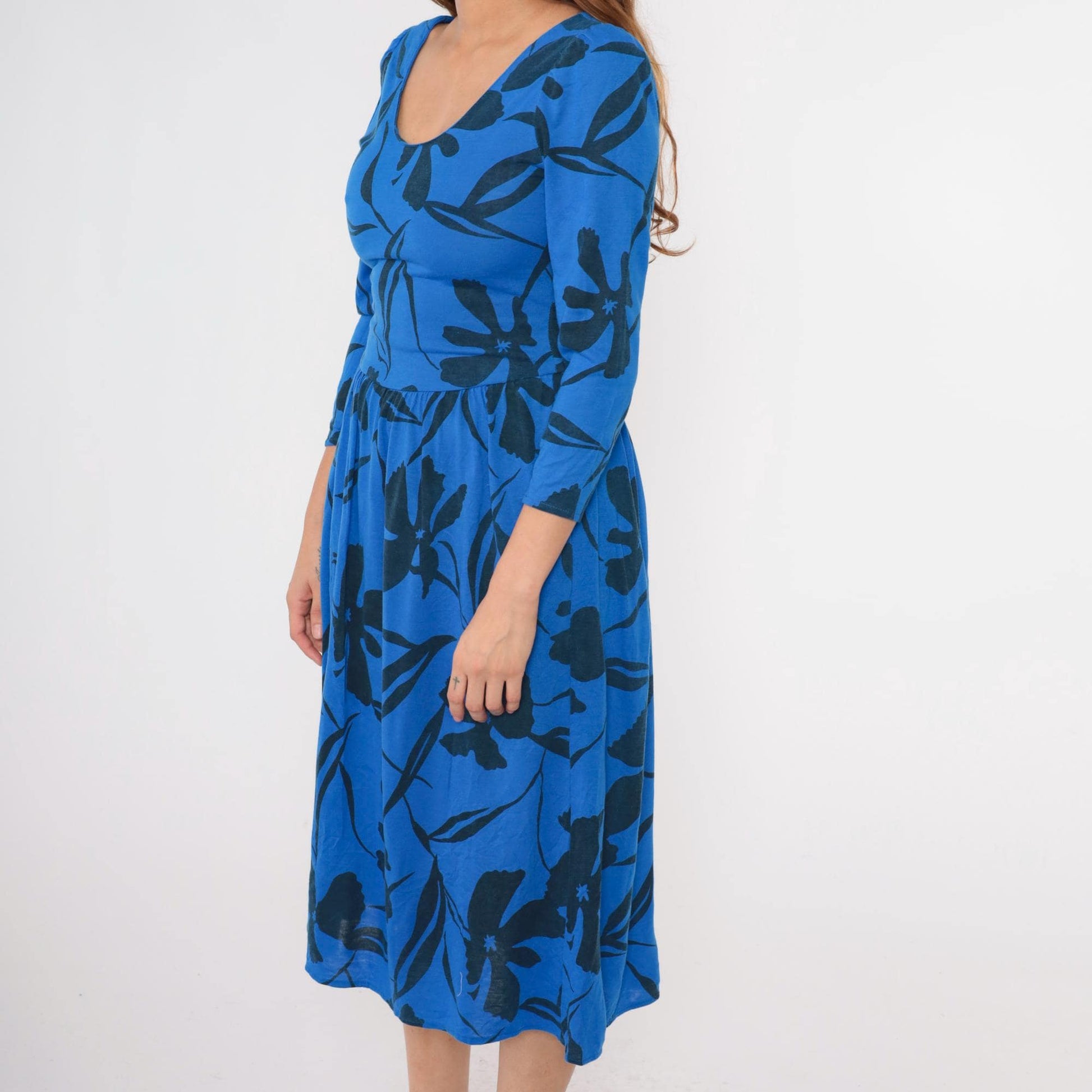 80s Blue Floral Midi Dress Puff Sleeve Fit and Flare Low Waist Small