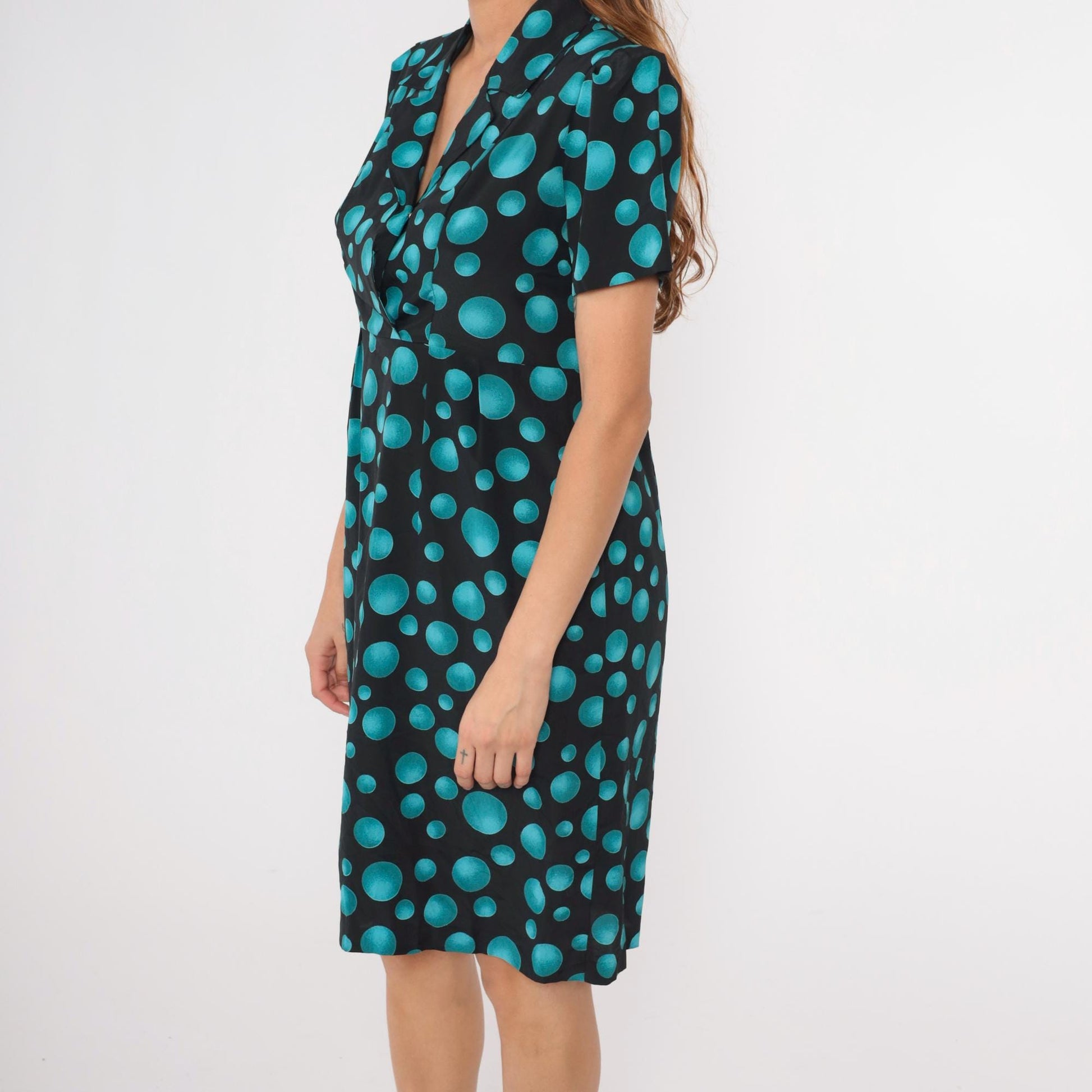 90s Black Teal Polka Dot Midi Dress Puff Sleeve High Waist Medium