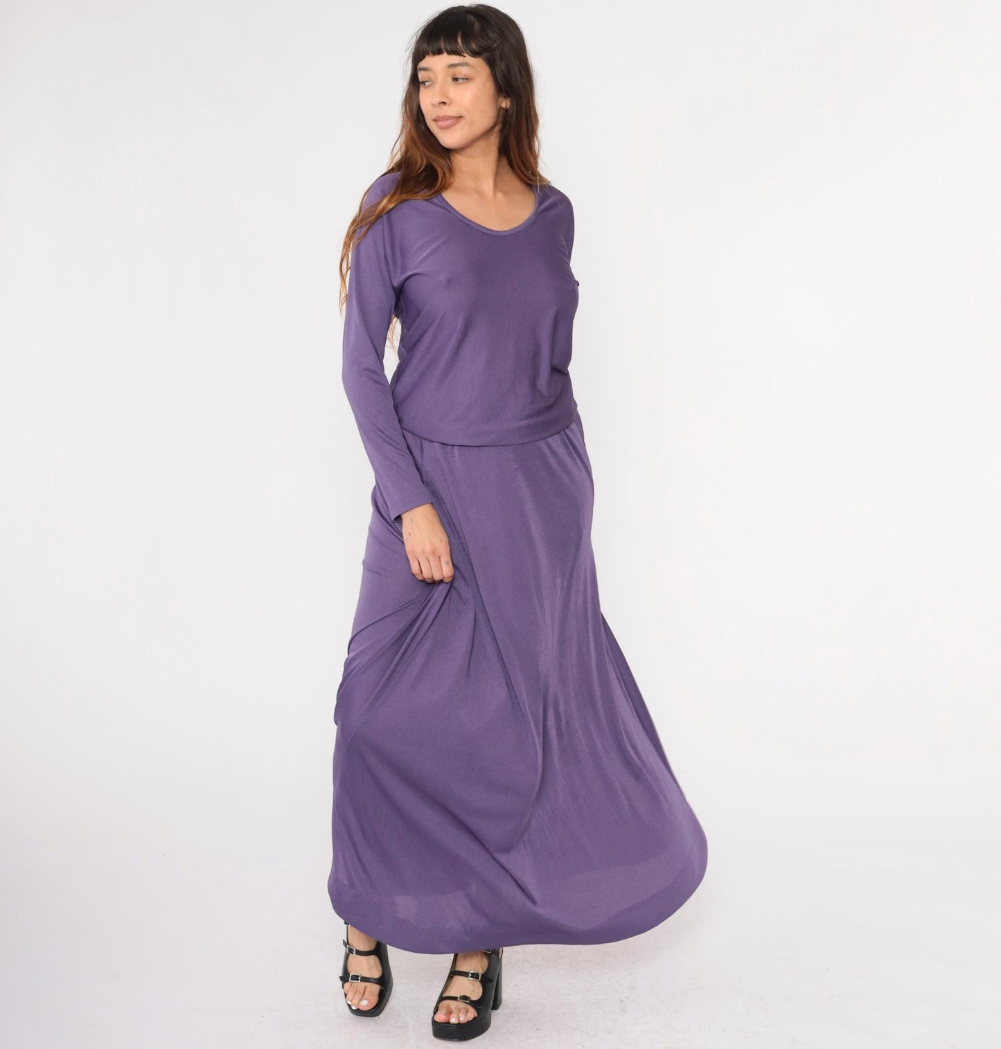 1970s Purple Maxi Dress Blouson High Waist Scoop Neck Long Sleeve Medium