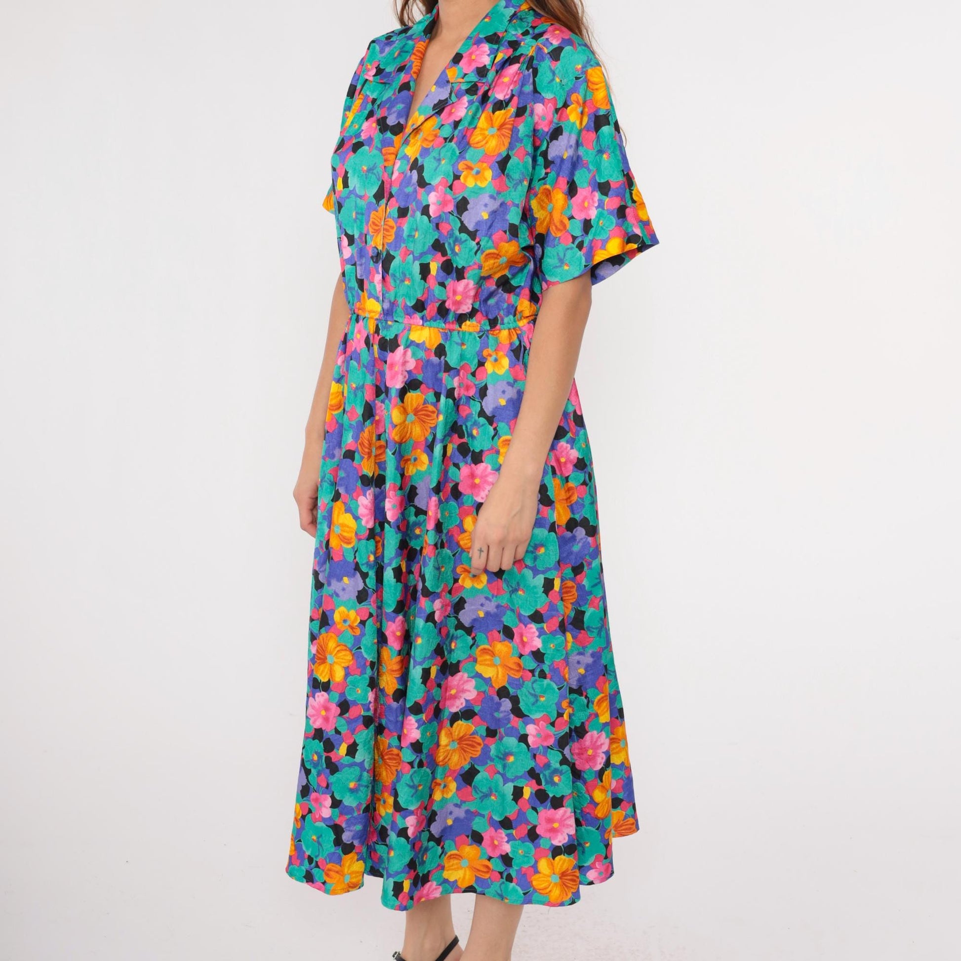 80s Floral Midi Shirtdress High Waist Button Front Turquoise Pink Blue Medium