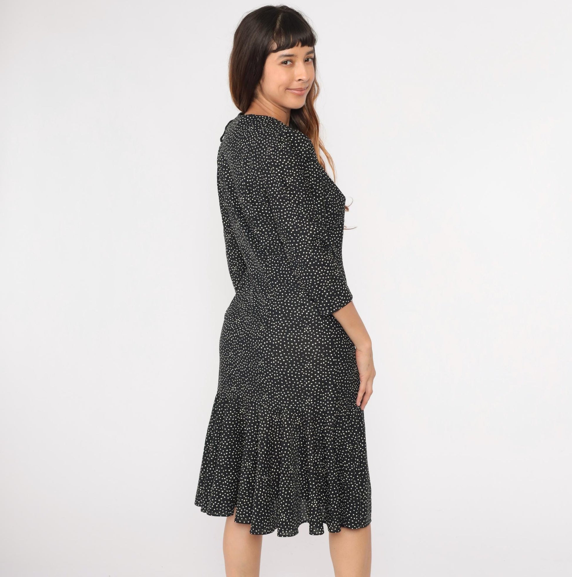 80s Black White Polka Dot Midi Dress Puff Sleeve Shift Ruffle Hem Medium