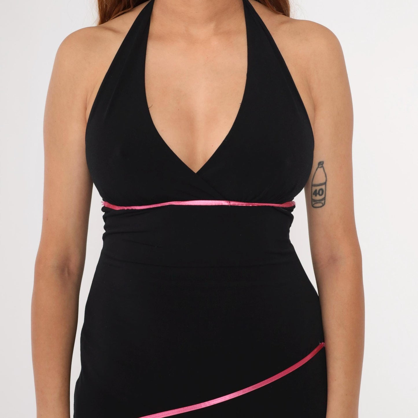 Y2K Black Halter Midi Dress Asymmetrical Hanky Hem Pink Trim Small Medium