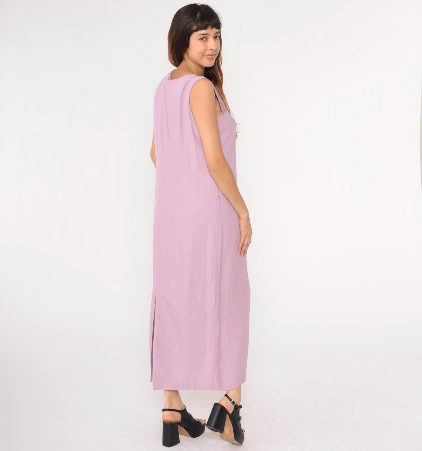90s Lavender Satin Yoke Maxi Shift Dress Sleeveless Large L