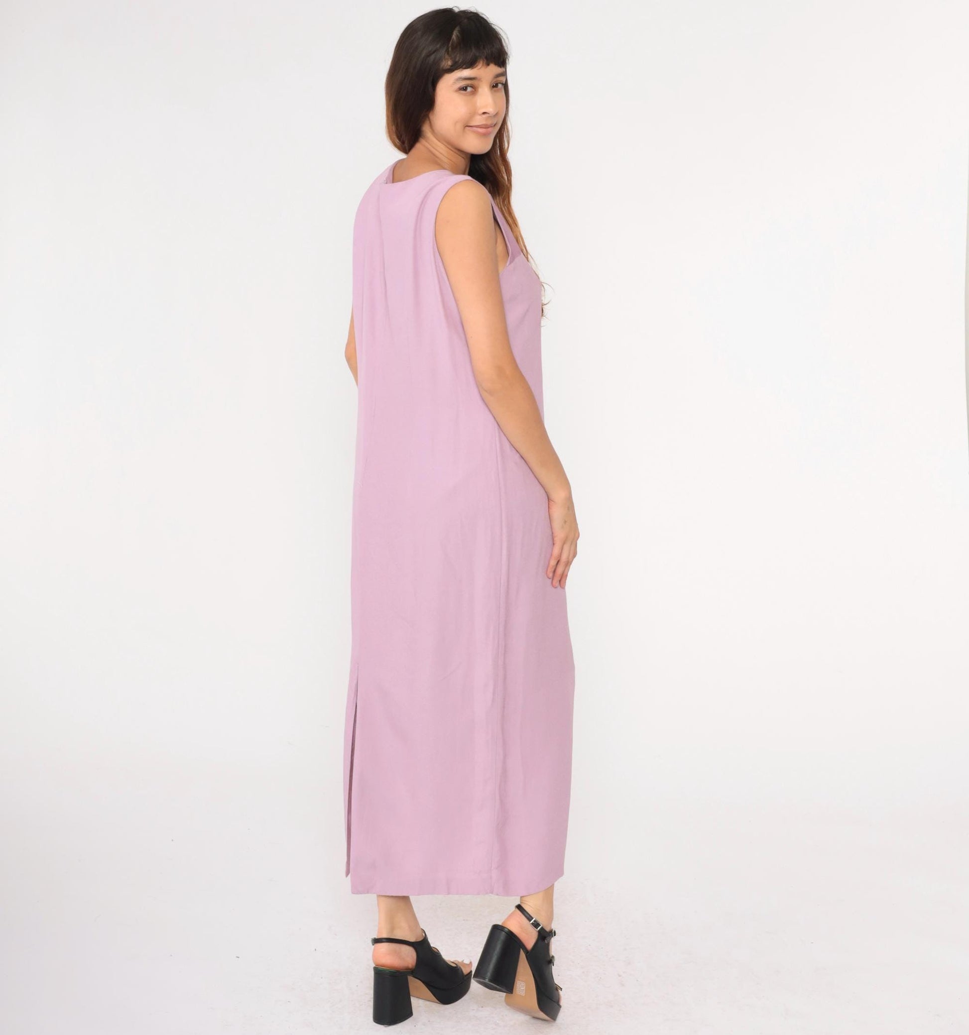 90s Lavender Satin Yoke Maxi Shift Dress Sleeveless Large L