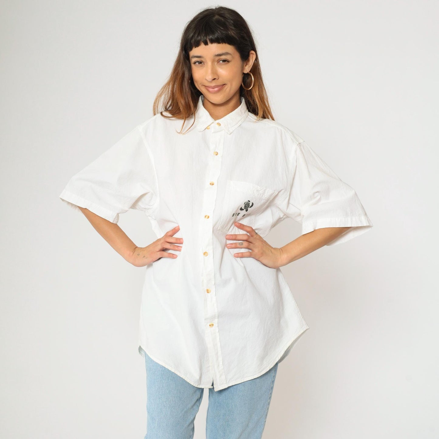 90s Bye Bye Cozumel Turtle Graphic Button-Up Shirt White Cotton Large