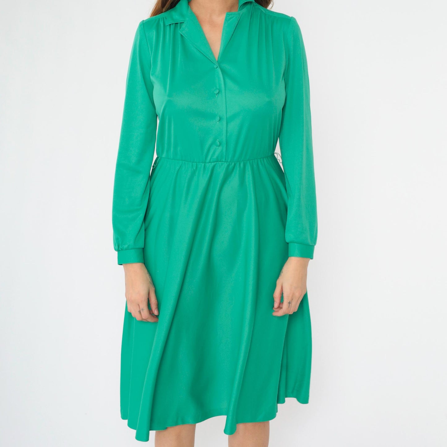 70s Green Midi Shirtdress Button-Up Collar High Waist Long Sleeve Small