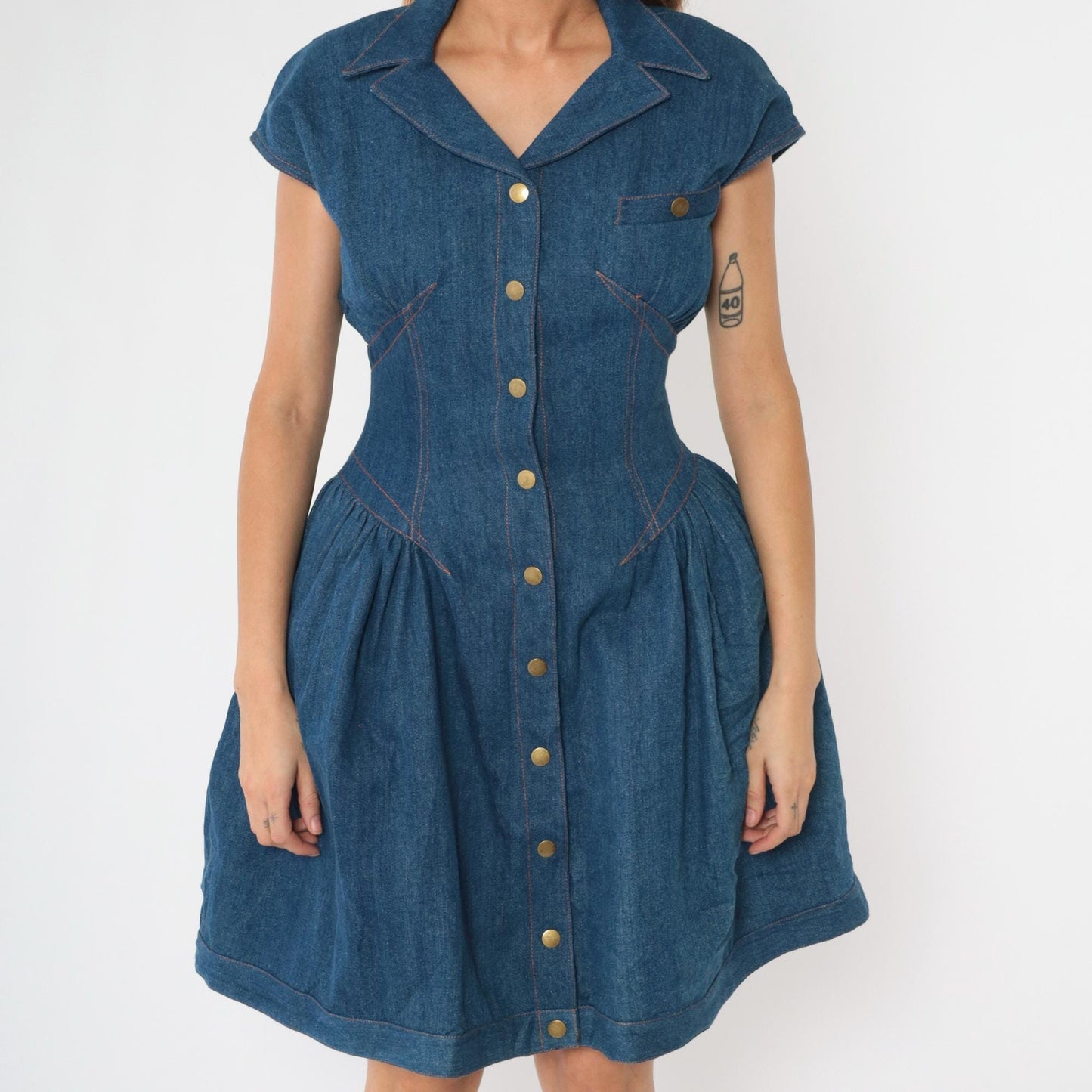 80s Denim Western Dress Snap Button Cap Sleeve Mini Blue Jean Small