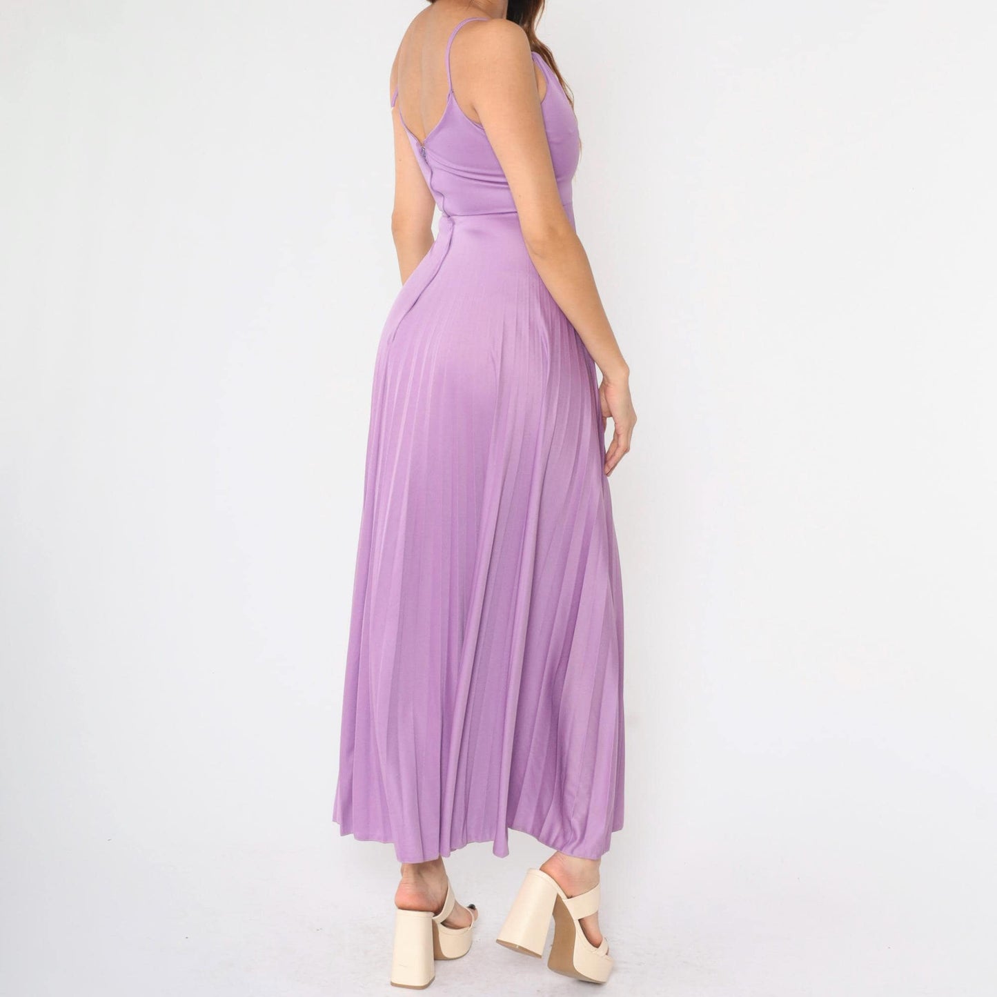70s Purple Pleated Maxi Dress Deep V Neck Spaghetti Strap Disco Gown XS