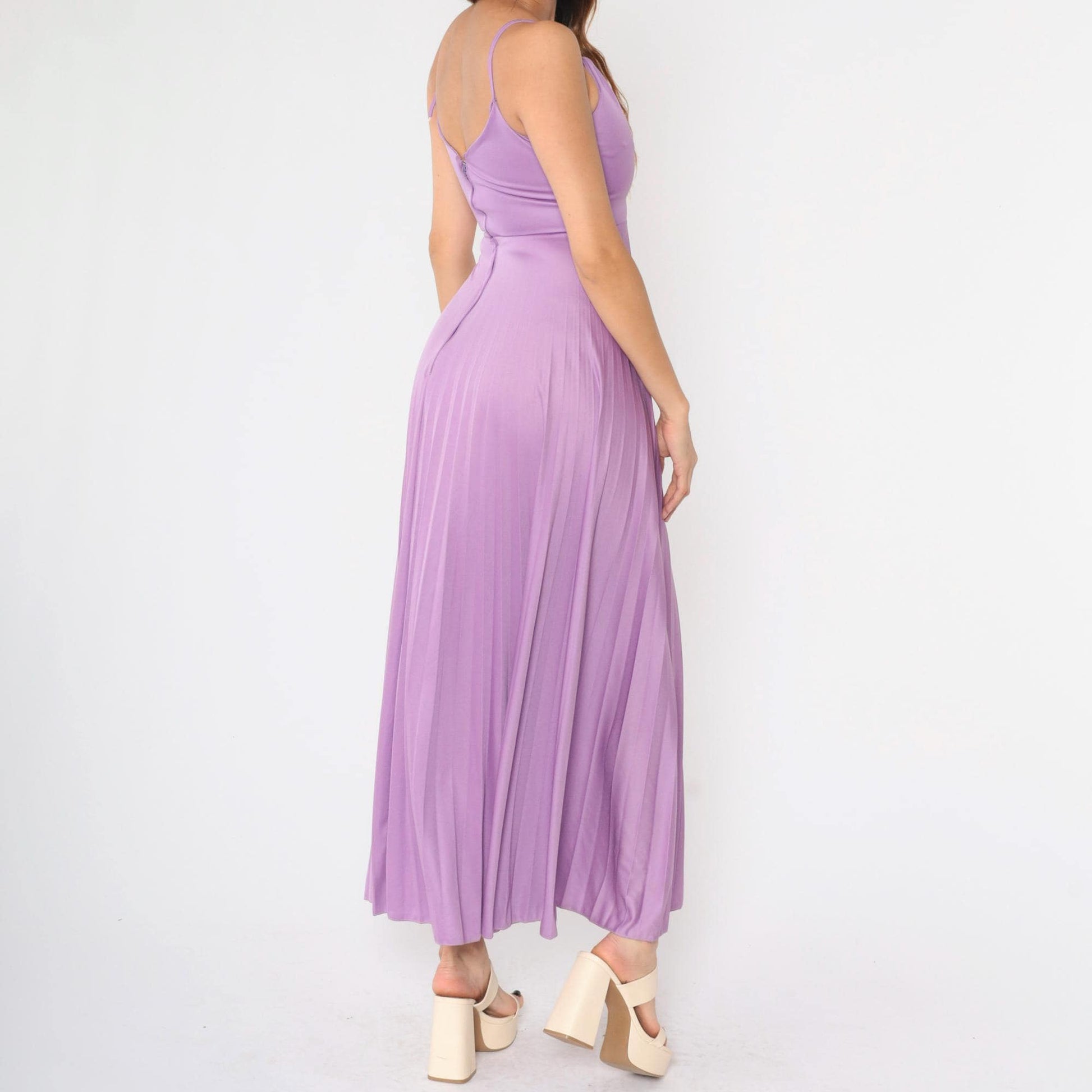70s Purple Pleated Maxi Dress Deep V Neck Spaghetti Strap Disco Gown XS