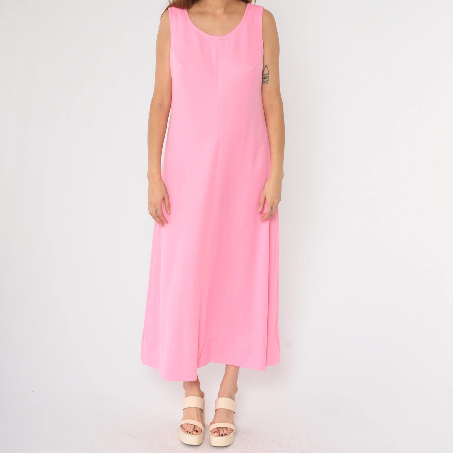 70s Pink Sleeveless Shift Maxi Dress Scoop Neck Ankle Length Large