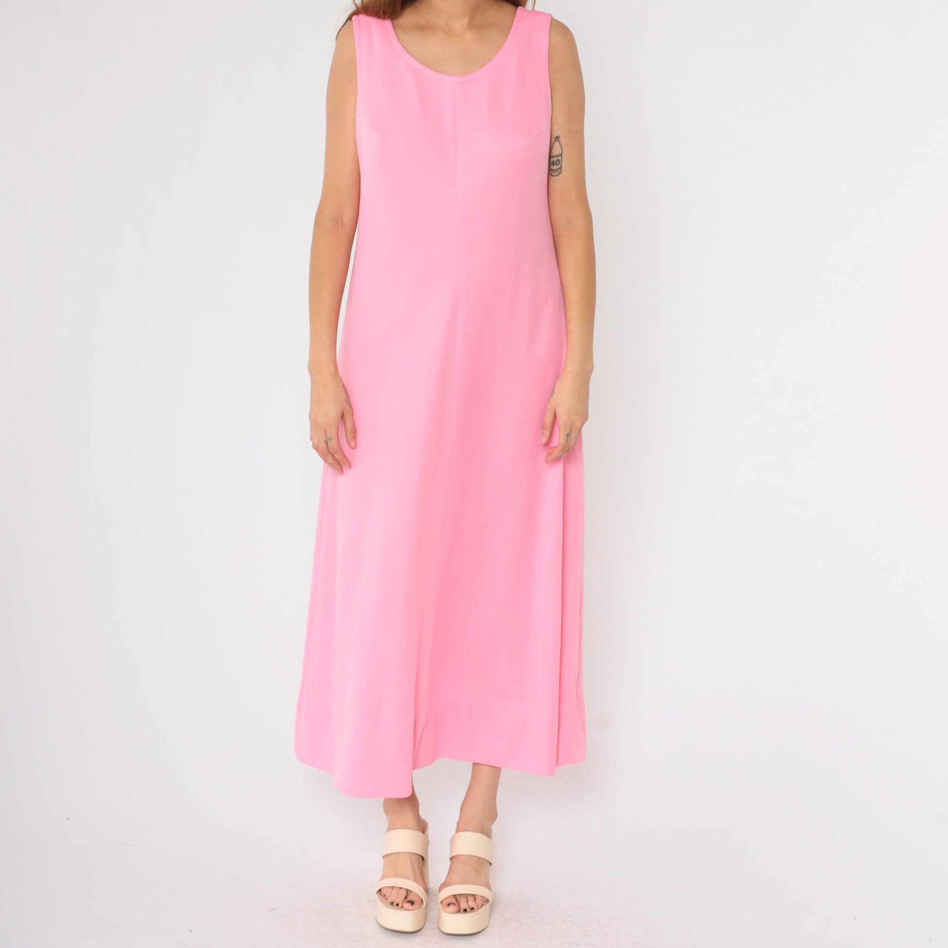 70s Pink Sleeveless Shift Maxi Dress Scoop Neck Ankle Length Large
