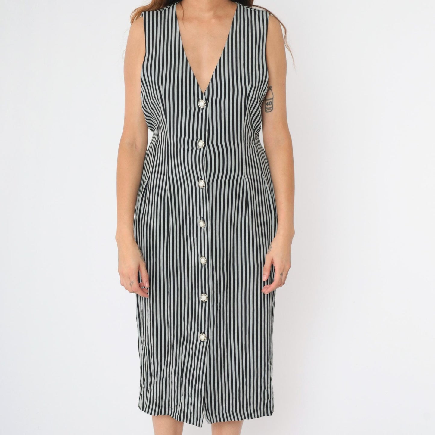 90s Striped Black Grey Sheath Midi Dress Sleeveless V-Neck Button-Up Medium 8