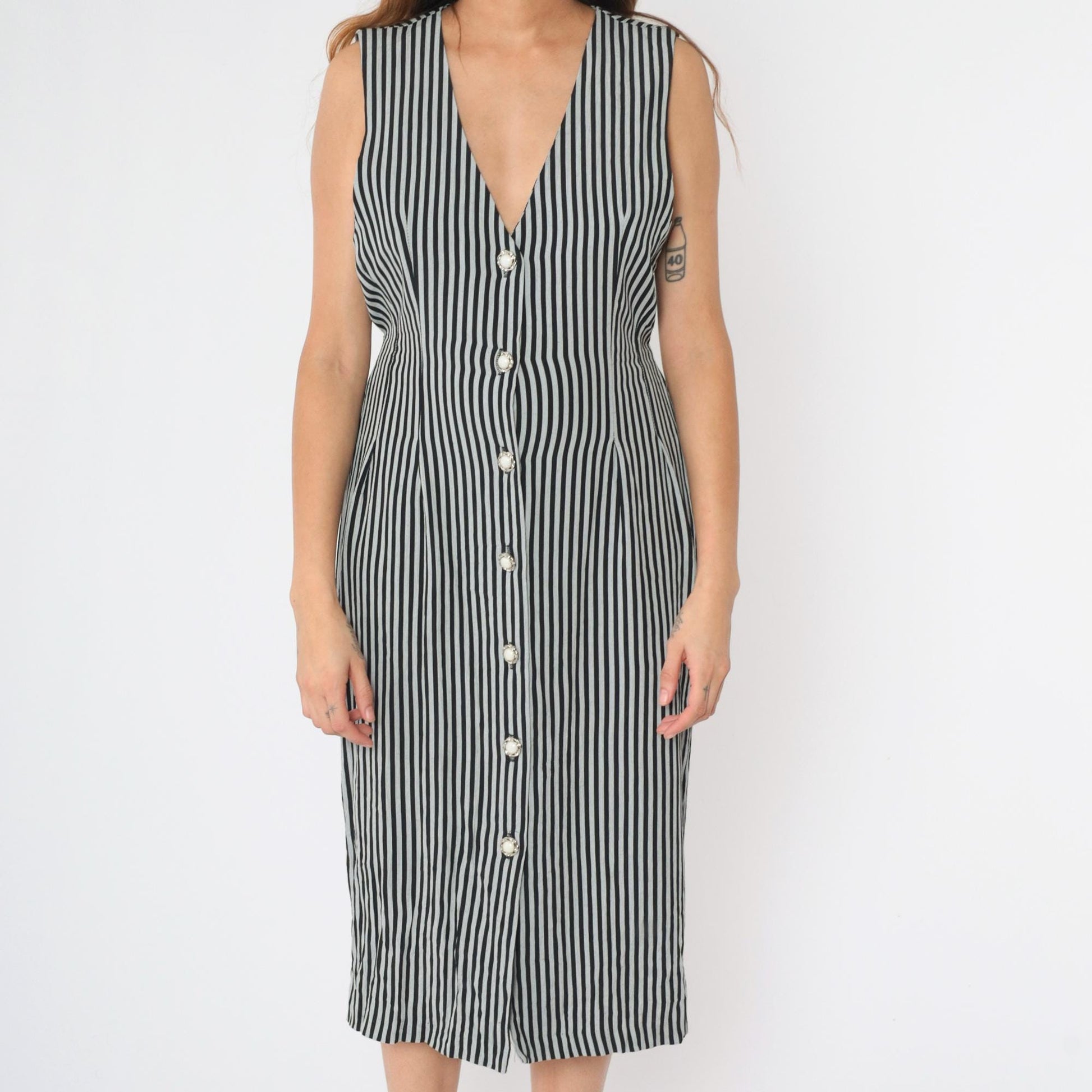 90s Striped Black Grey Sheath Midi Dress Sleeveless V-Neck Button-Up Medium 8