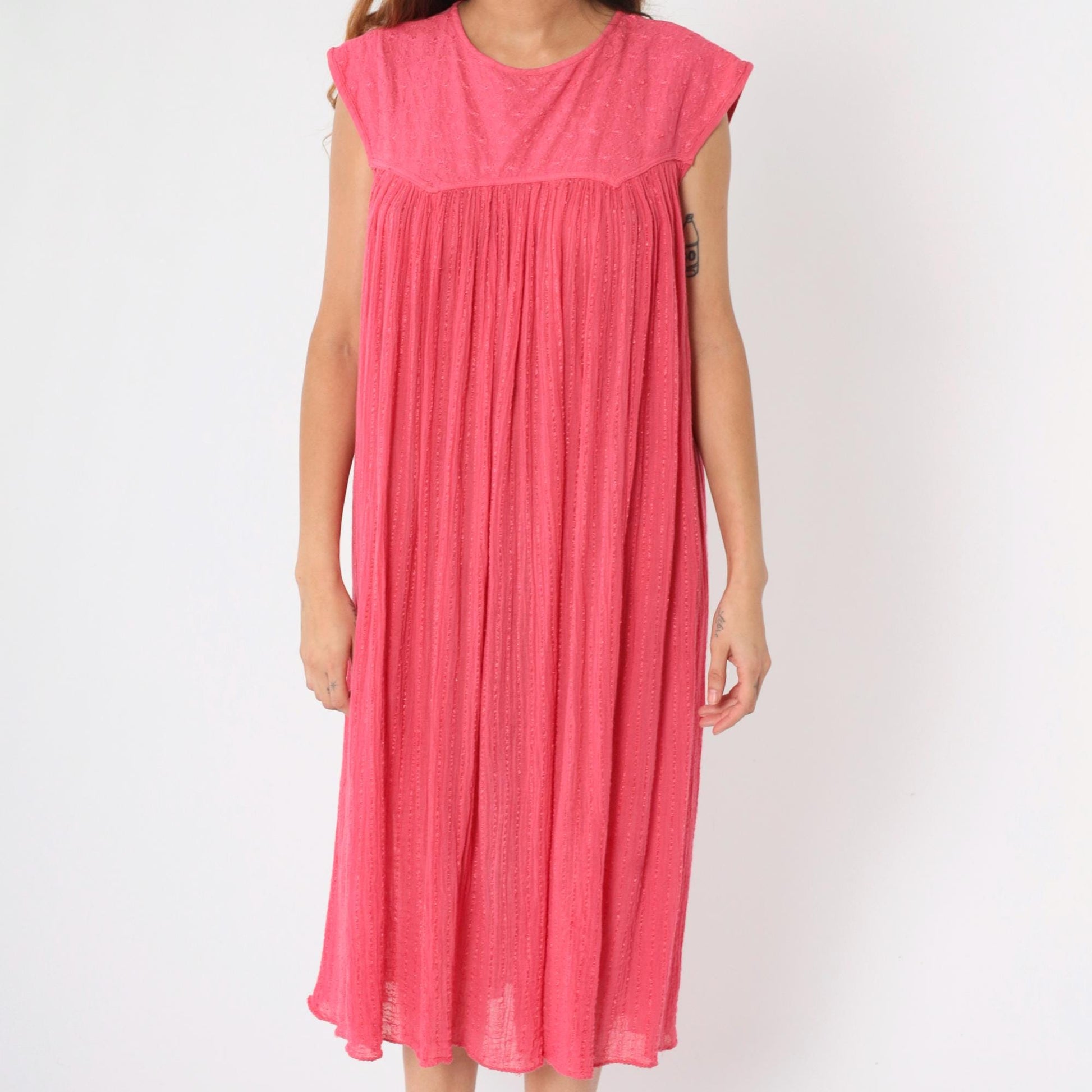 80s Pink Gauze Trapeze Dress Floral Embroidered Sleeveless Midi One Size