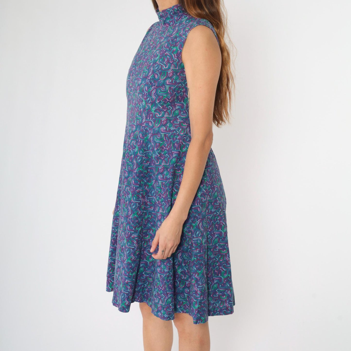 90s Purple Blue Green Abstract Geometric Mock Neck Midi Dress Small