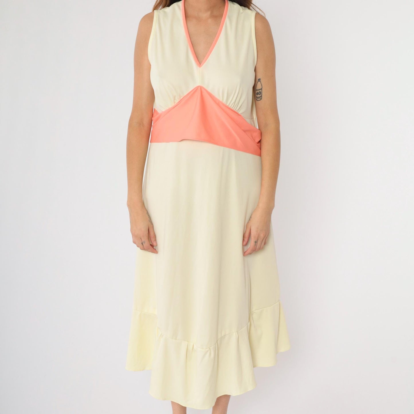70s Cream Grecian Midi Dress V-Neck Empire Waist Flounce Sleeveless Large L