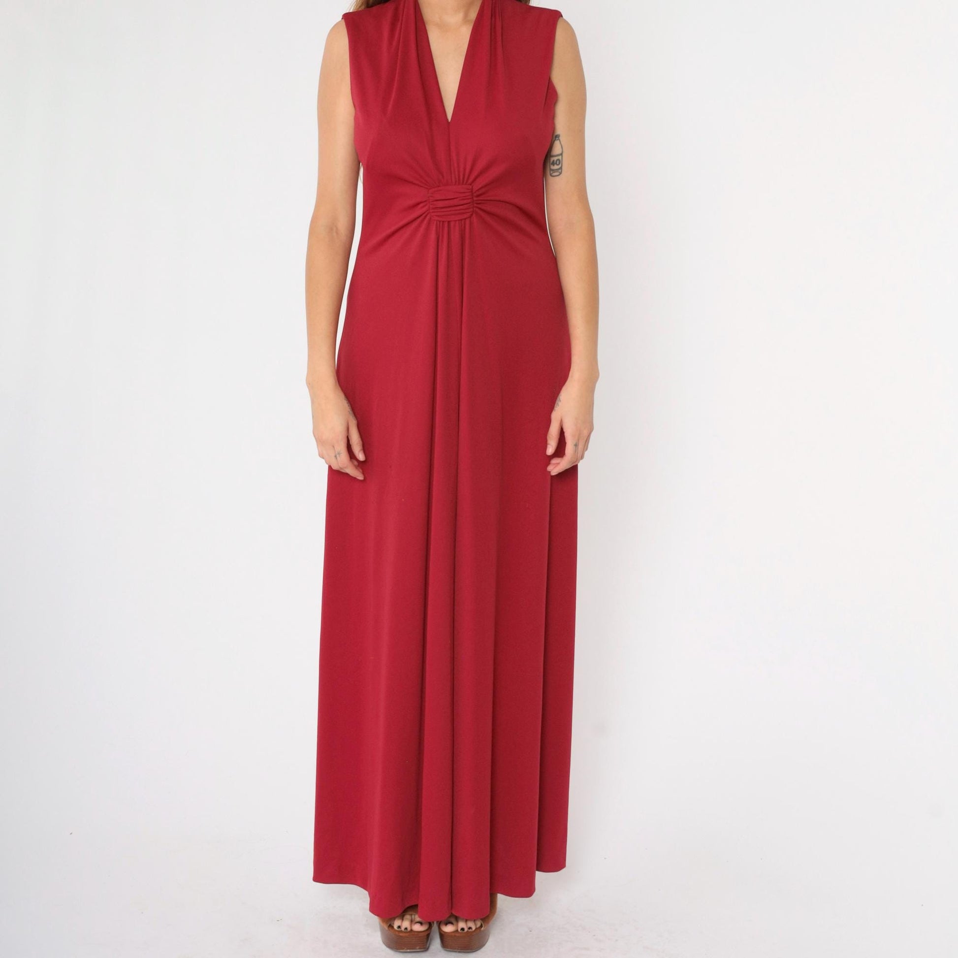 70s Raspberry Red Grecian V-Neck Maxi Dress Sleeveless Medium M