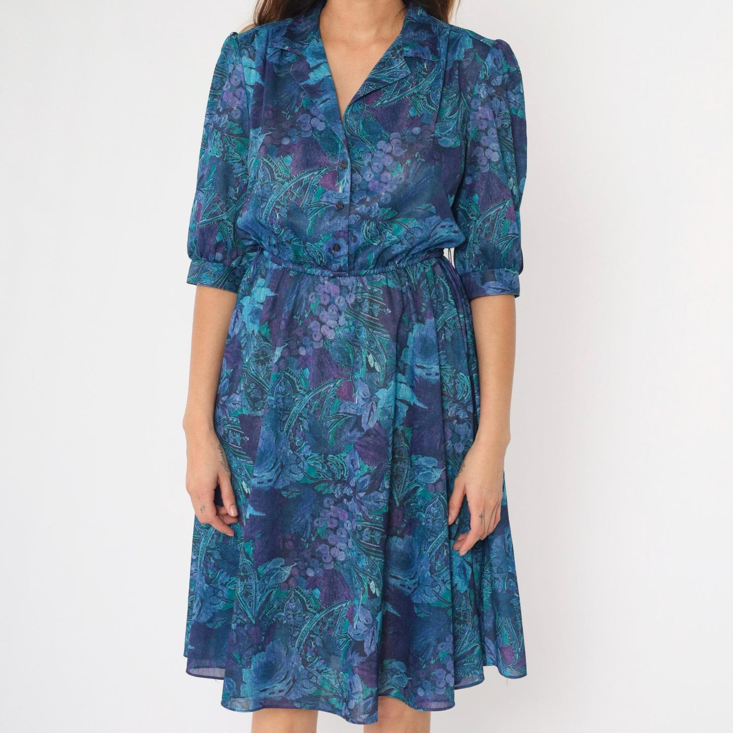 80s Paisley Grape Print Midi Shirtdress Puff Sleeve High Waist Button Up Small Medium