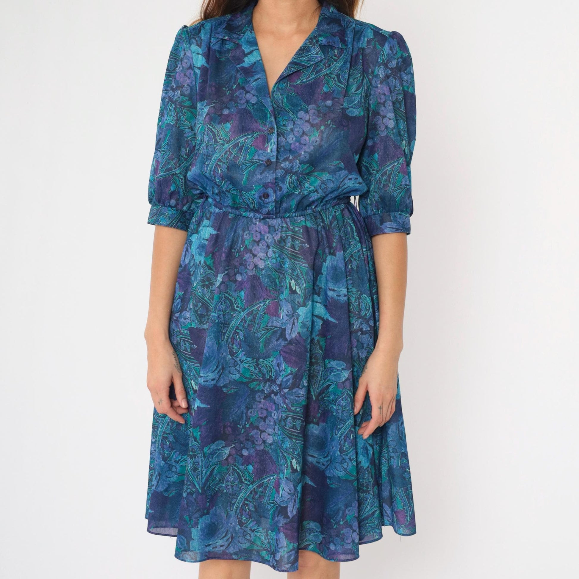 80s Paisley Grape Print Midi Shirtdress Puff Sleeve High Waist Button Up Small Medium