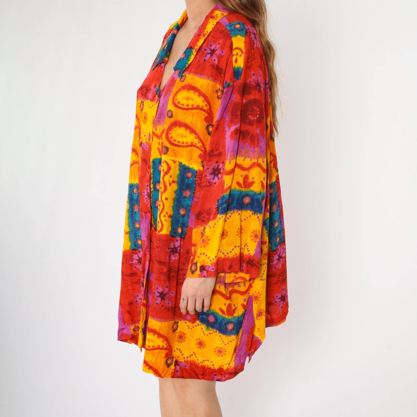 90s C.S.T. Studio Patchwork Paisley Floral Button-Up Tunic Plus Size Red Yellow XXL