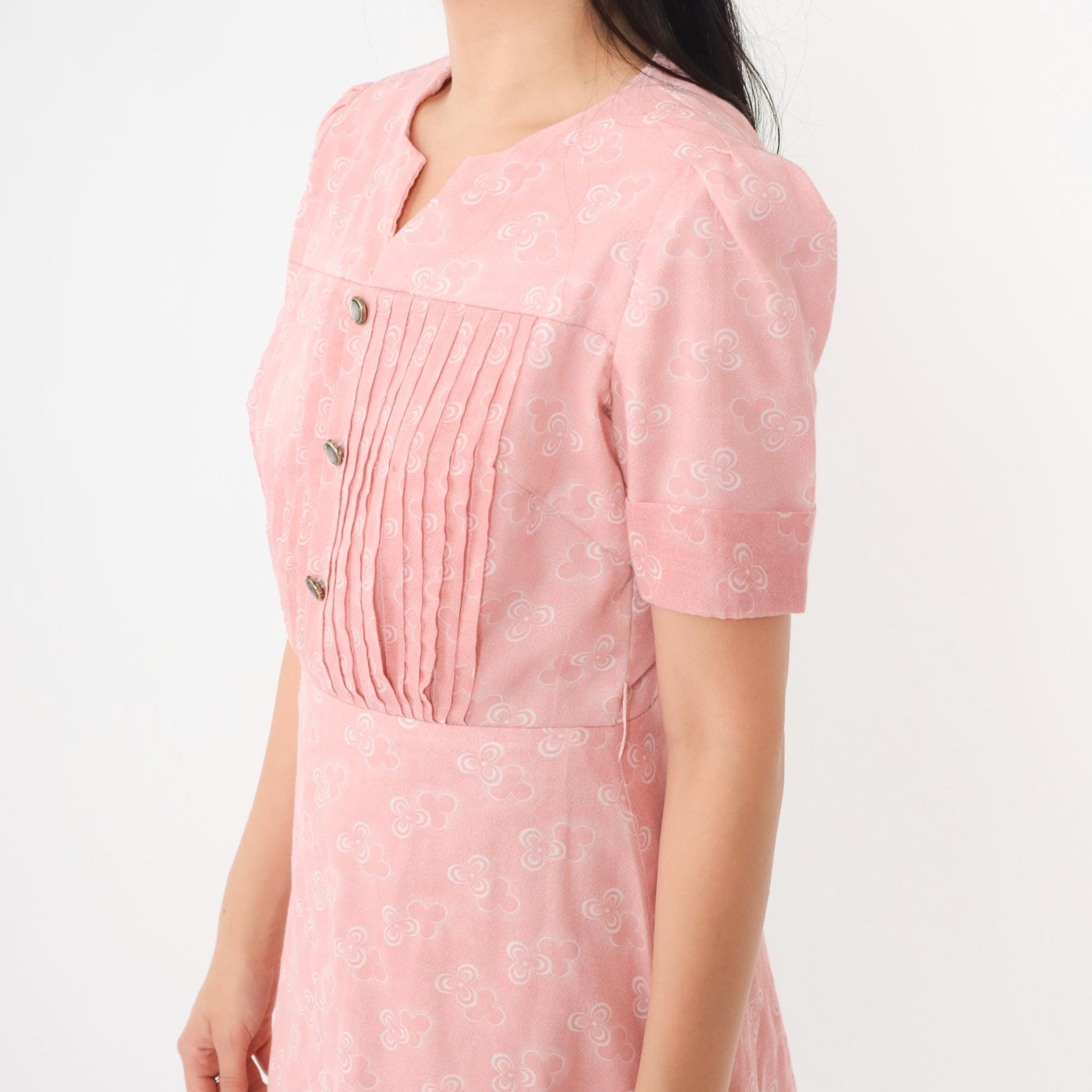 70s Pink Floral Mini Dress Puff Sleeve High Waist Pleated Small