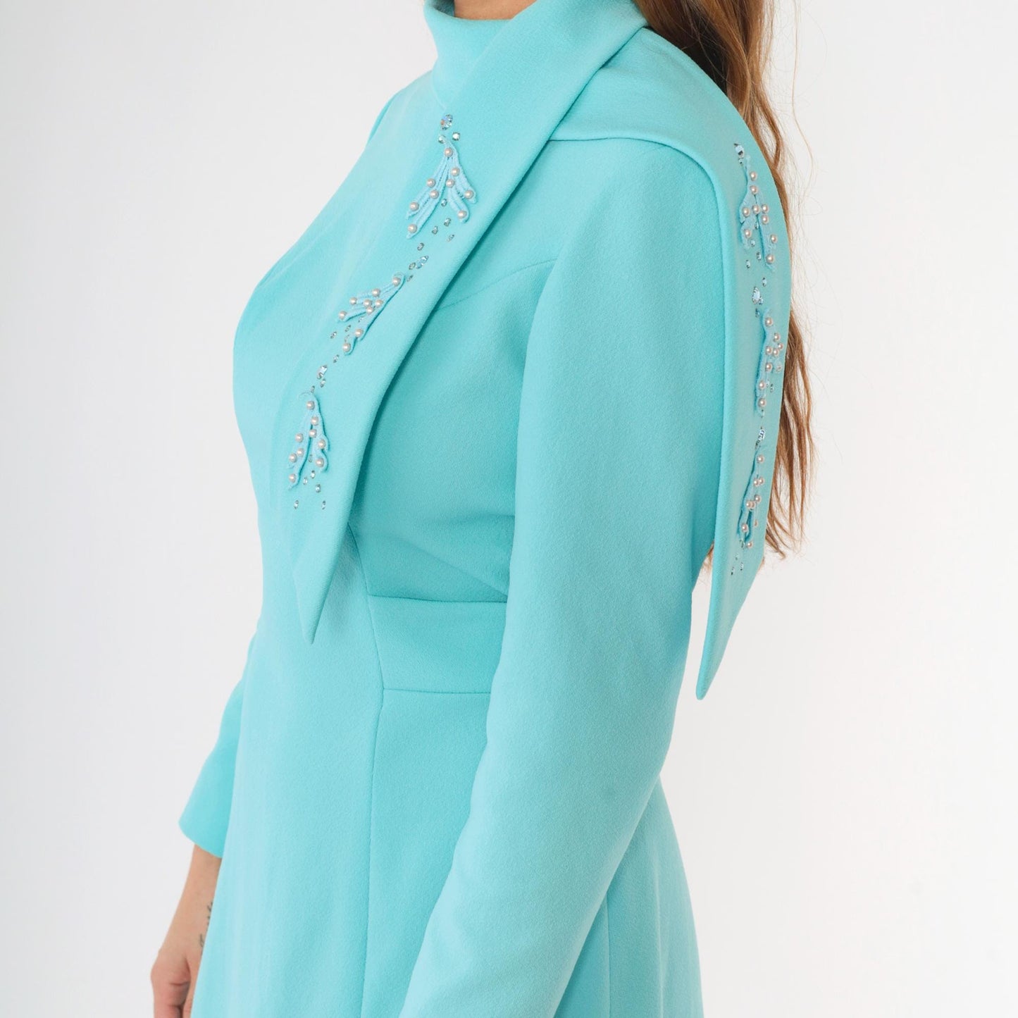 60s Alfred Werber Mod A-Line Dress Aqua Beaded Long Sleeve Midi Medium M