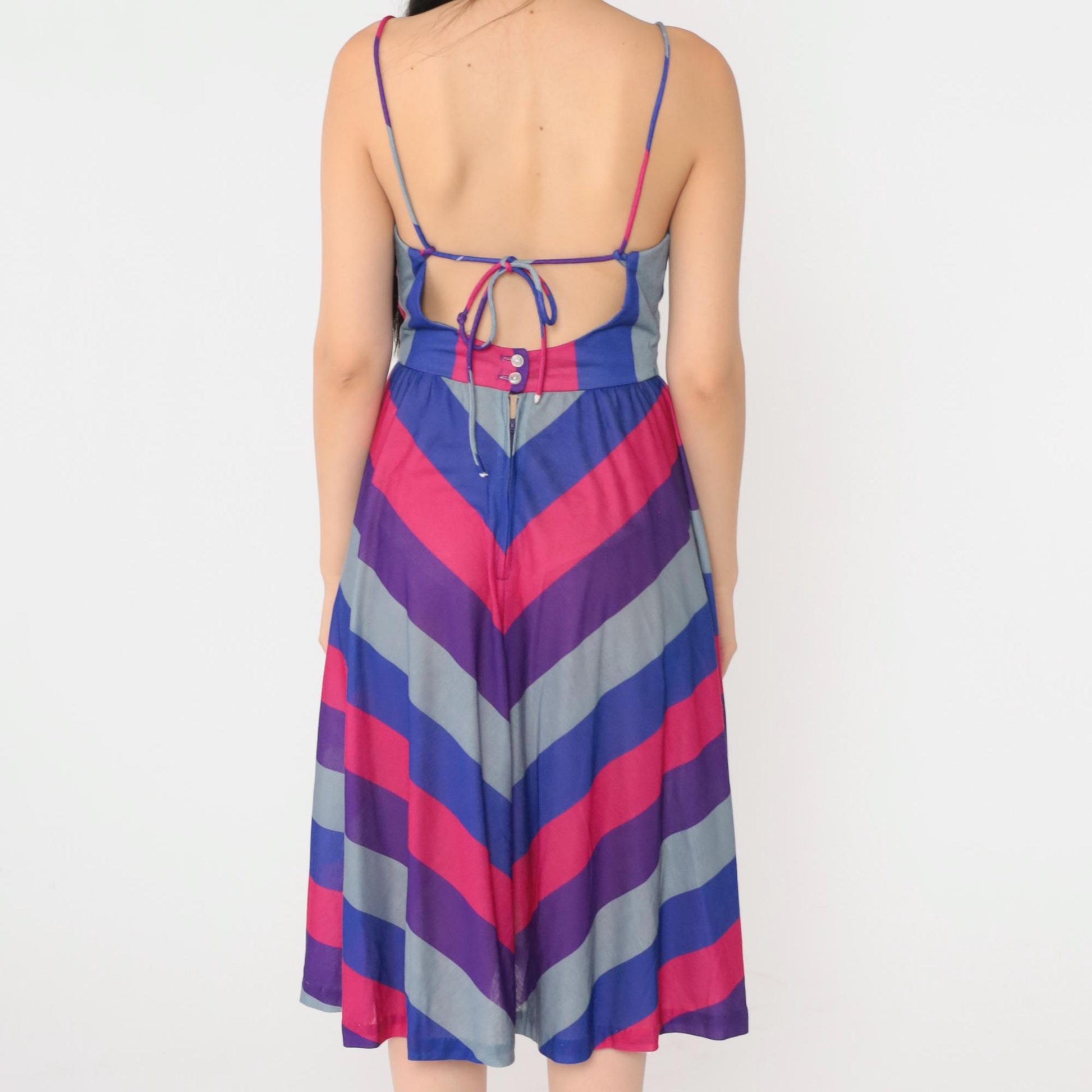 80s Chevron Striped Midi Sundress Open Back Spaghetti Strap Blue Pink Purple Small