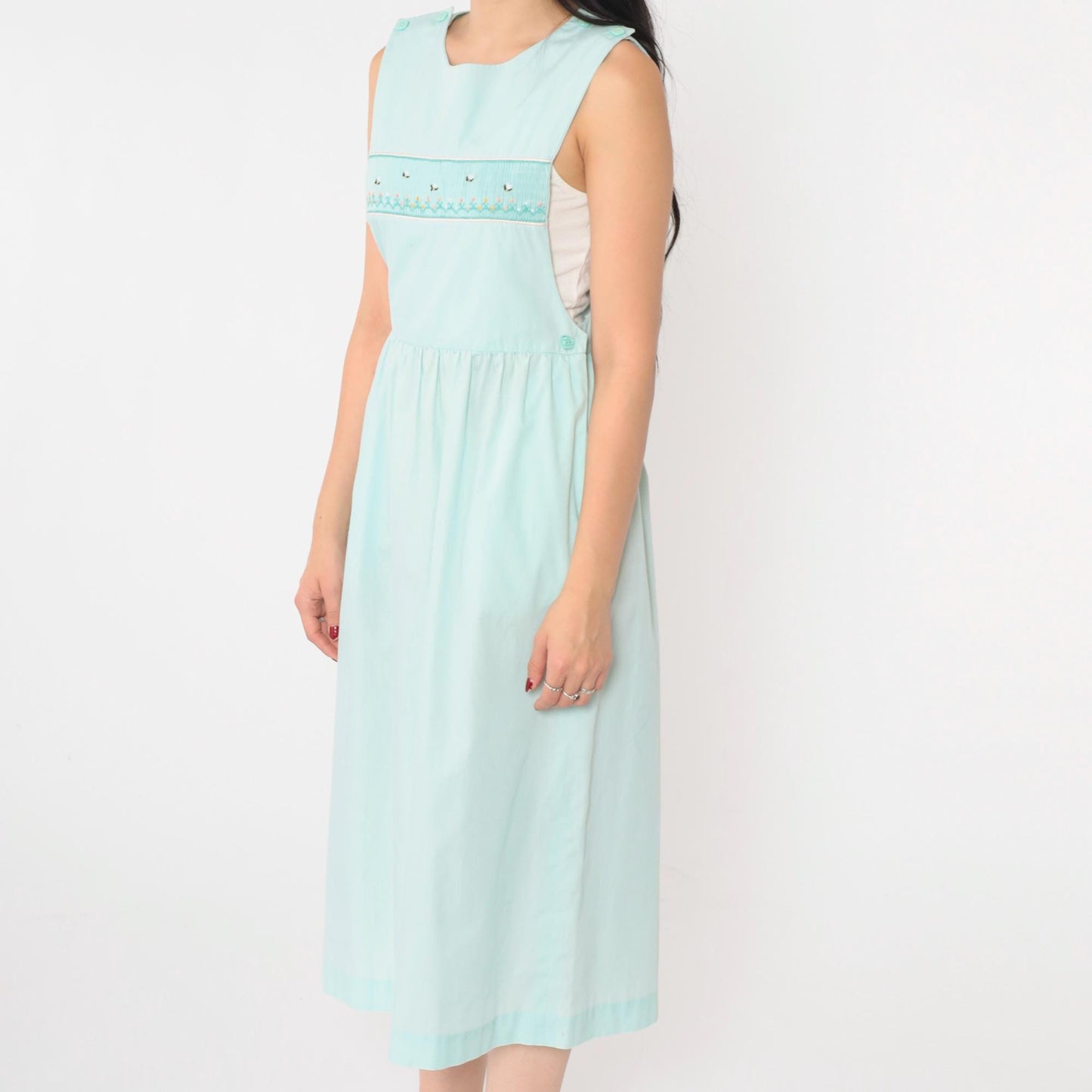 80s Seafoam Embroidered Bumble Bee Floral Midi Pinafore Dress Small