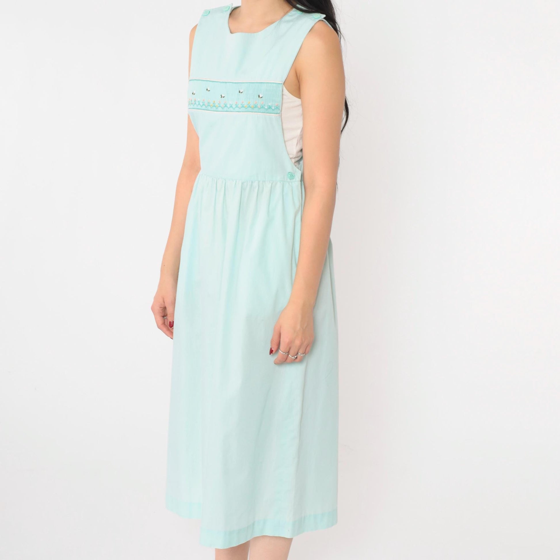80s Seafoam Embroidered Bumble Bee Floral Midi Pinafore Dress Small